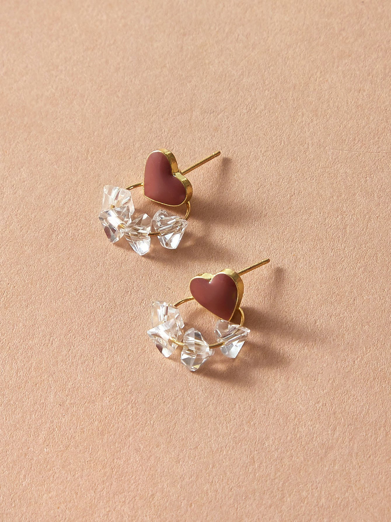 Trendy Ladies Jewellery Transparent Beads Gold Circle Red Heart Stud Earrings-2