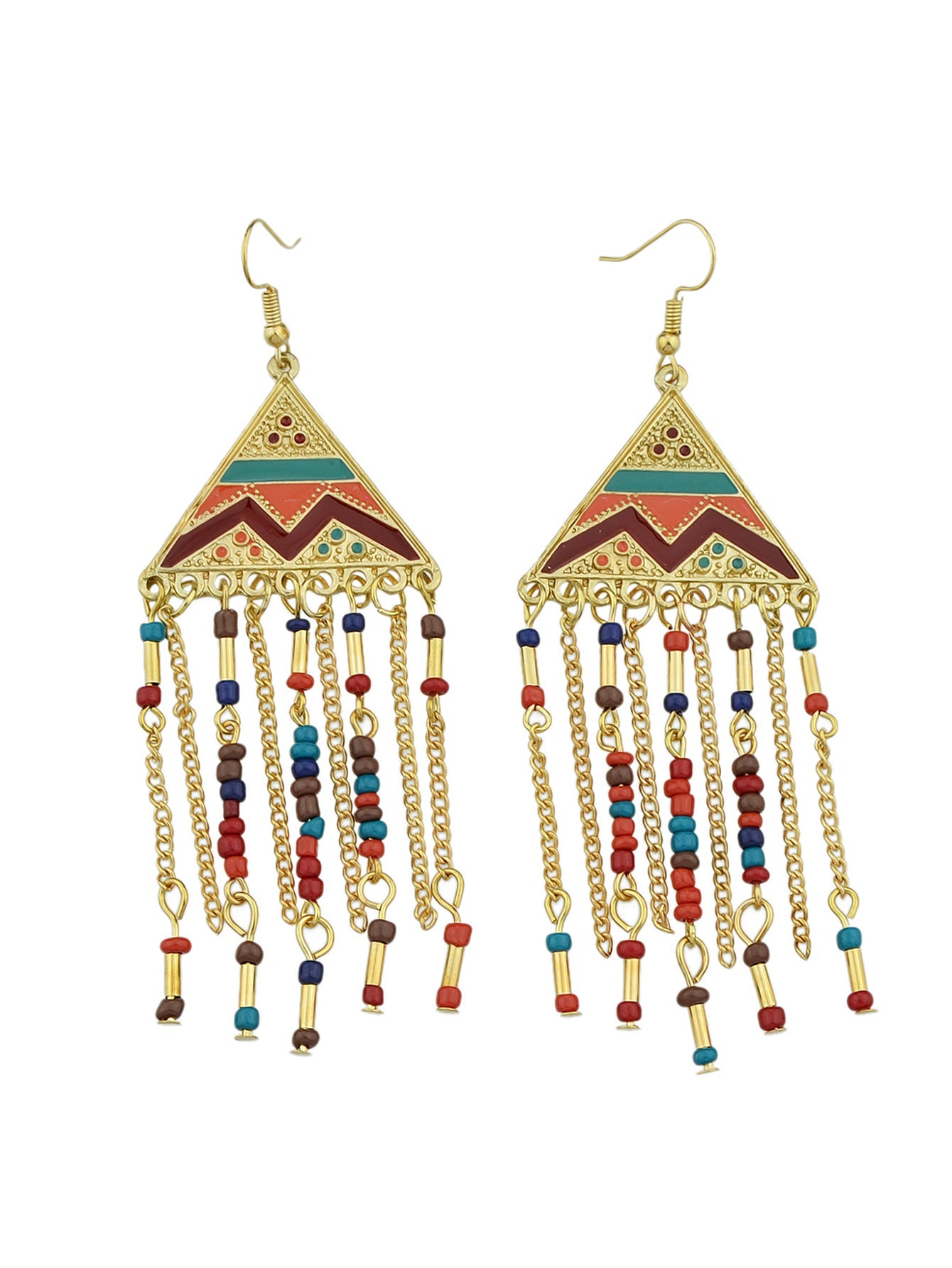 Triangle Colourful Enamel Beads Long Chain Tassel Ethnic Jewellery Boho Earrings-2