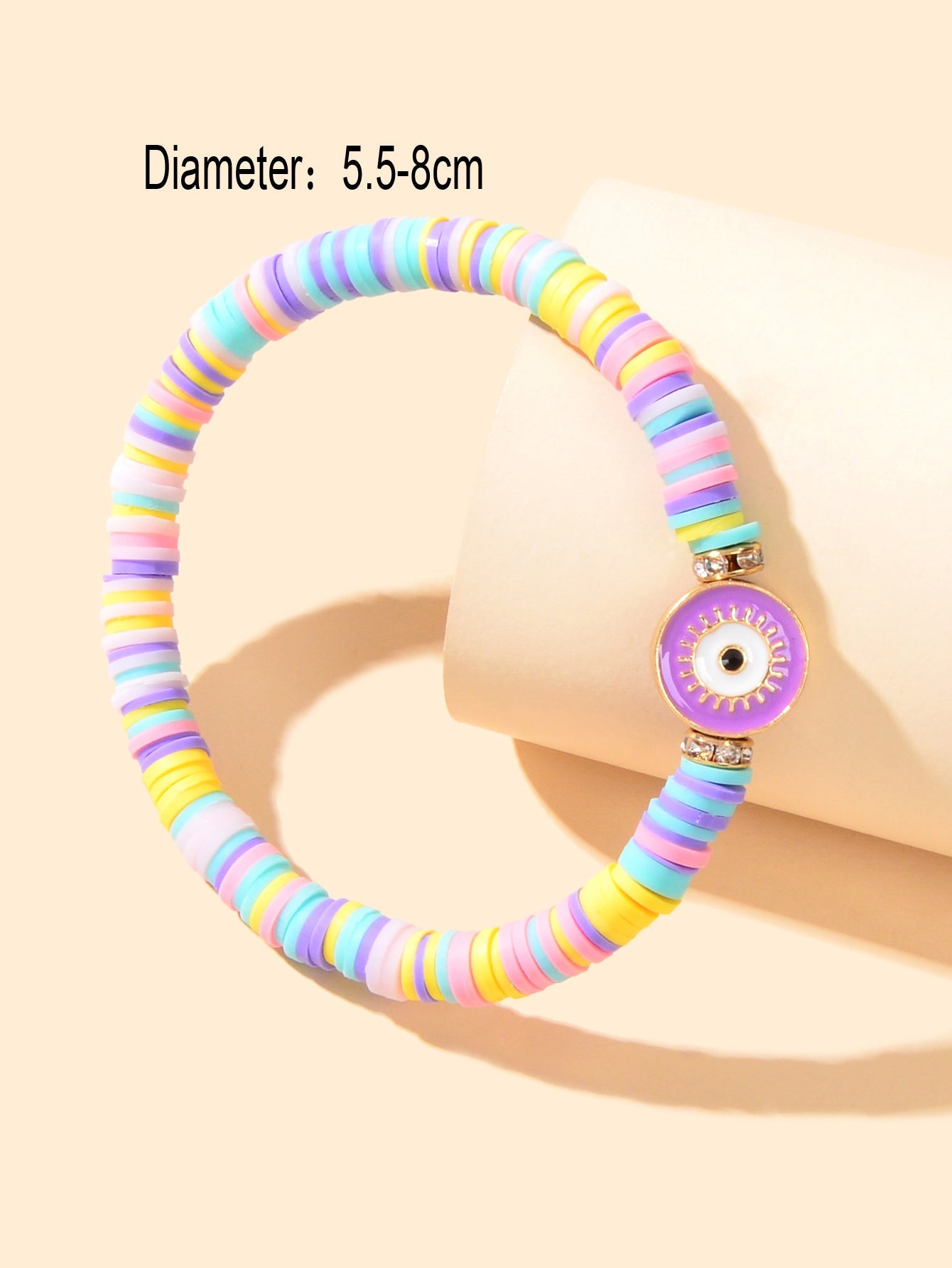 Heishi Surfer Handmade Evil Eye Rainbow Vinyl Disc Beaded Stretchy Bracelet Gift-2