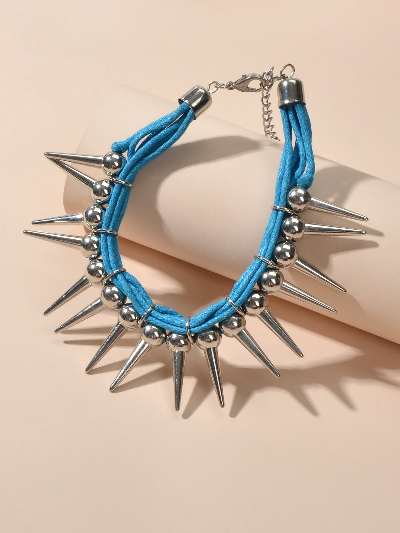 Grunge Punk Rock Jewelry Blue Pu Leather Multi-layer Chain Silver Spike Bracelet-2