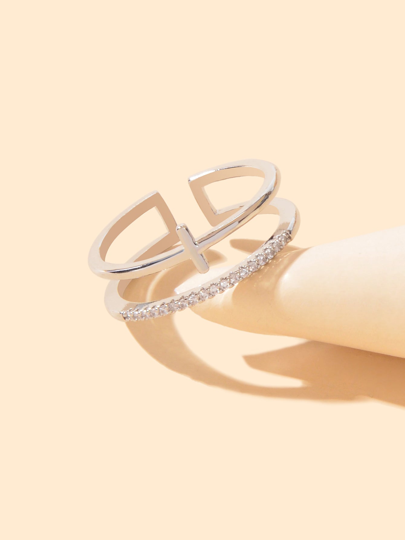 Designer Stylish Rhinestone Decor Silver Hollow out Cross Open Cuff Finger Ring-2