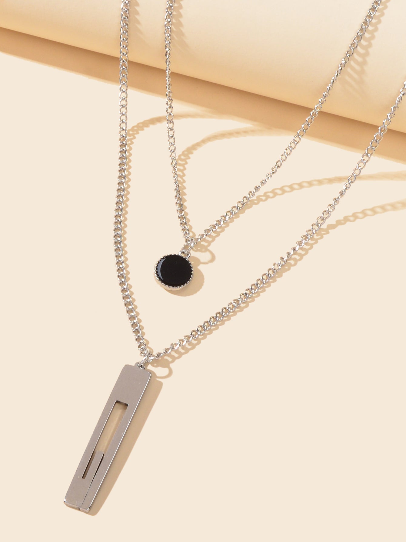2pcs Silver Chain Punk Black Round Charm Stainless Steel Square Pendant Necklace-2