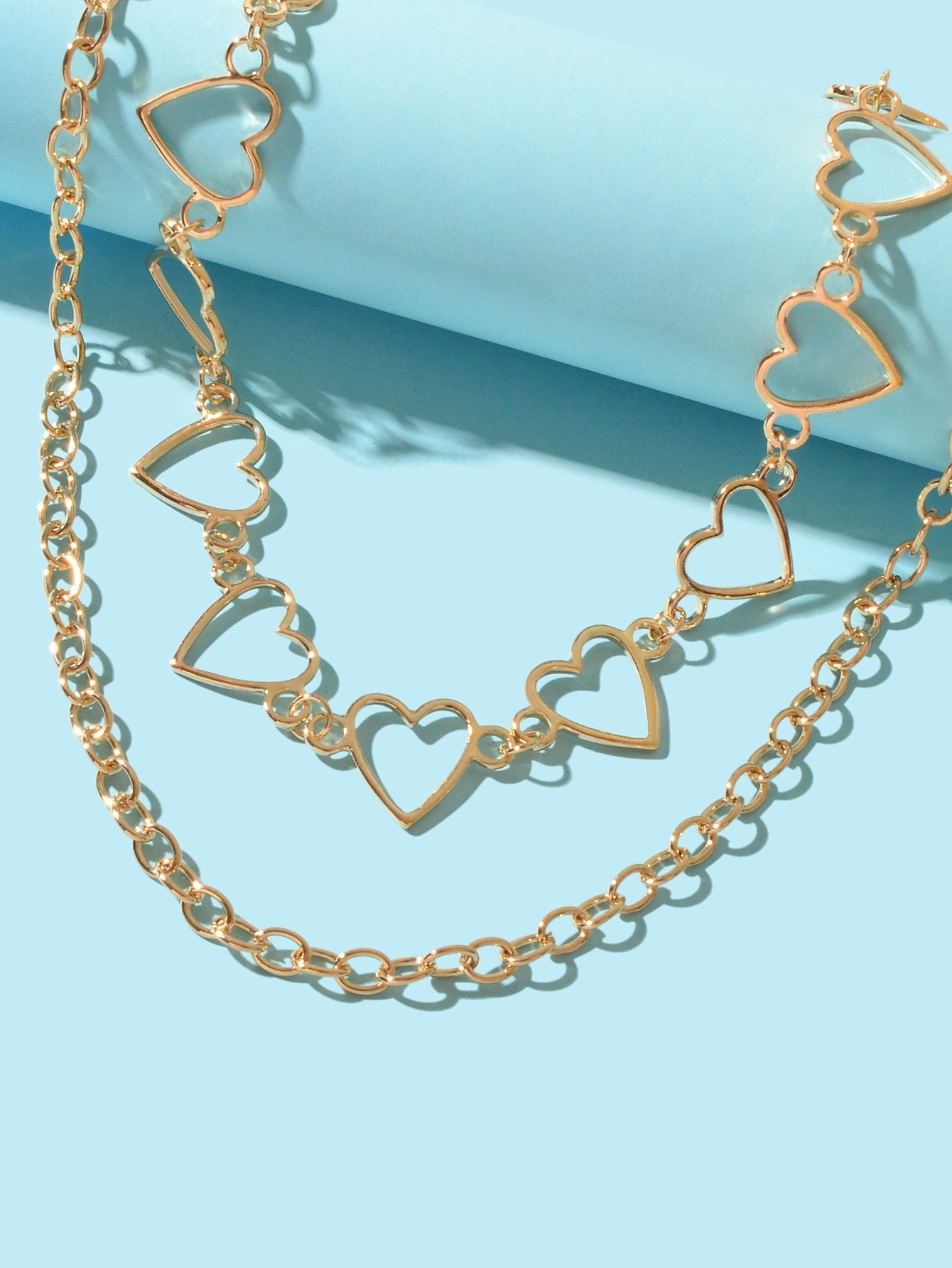 2pcs Gold Hollow out Heart Double layer Chain Clavicle Necklace Trendy Jewellery-2