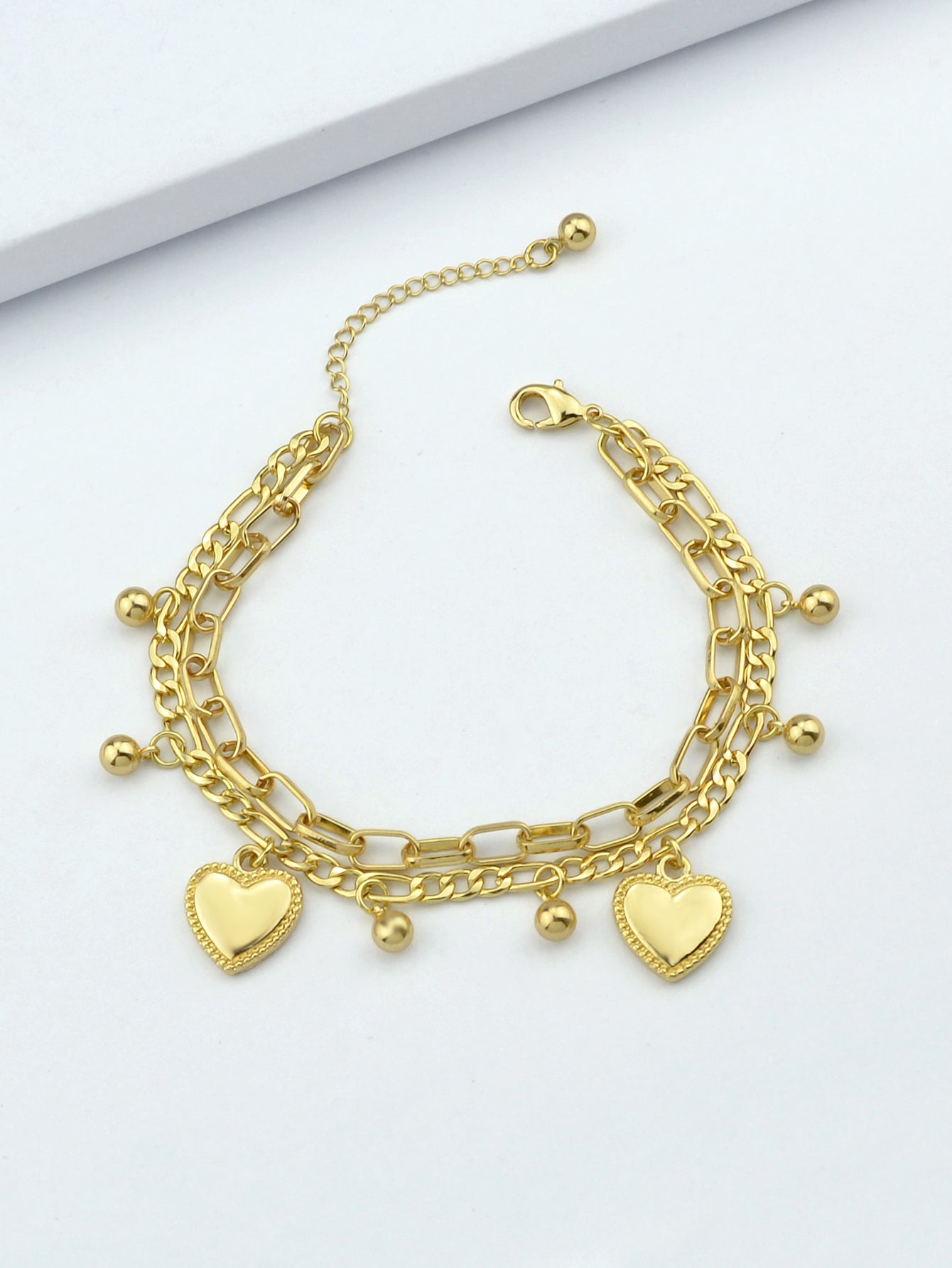 Ladies Jewellery Double layer Gold Silver Paperclip Chain Beads Heart Bracelet-2