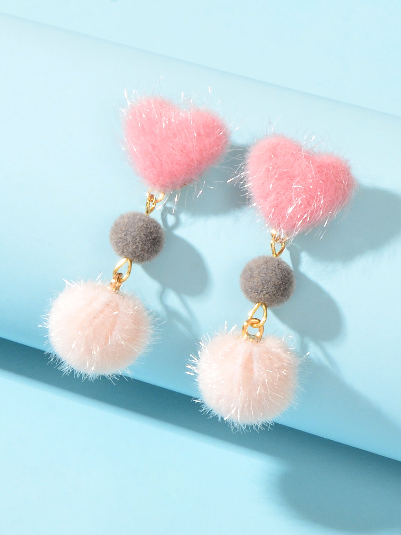Colorful Faux Fur Ball Pom Pom Heart Dangle Earrings Gift for Christmas New Year-2
