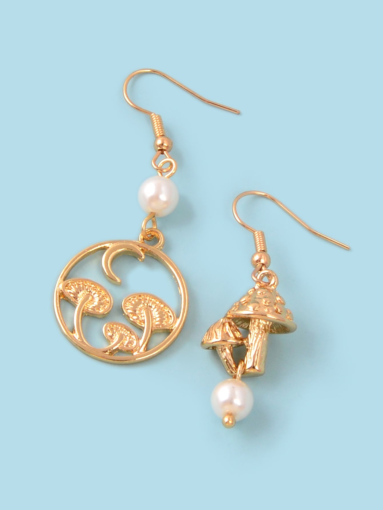 Asymmetrical Design Magical Gold Mushroom Moon Pearl Charm Dangle Earrings Gift-2
