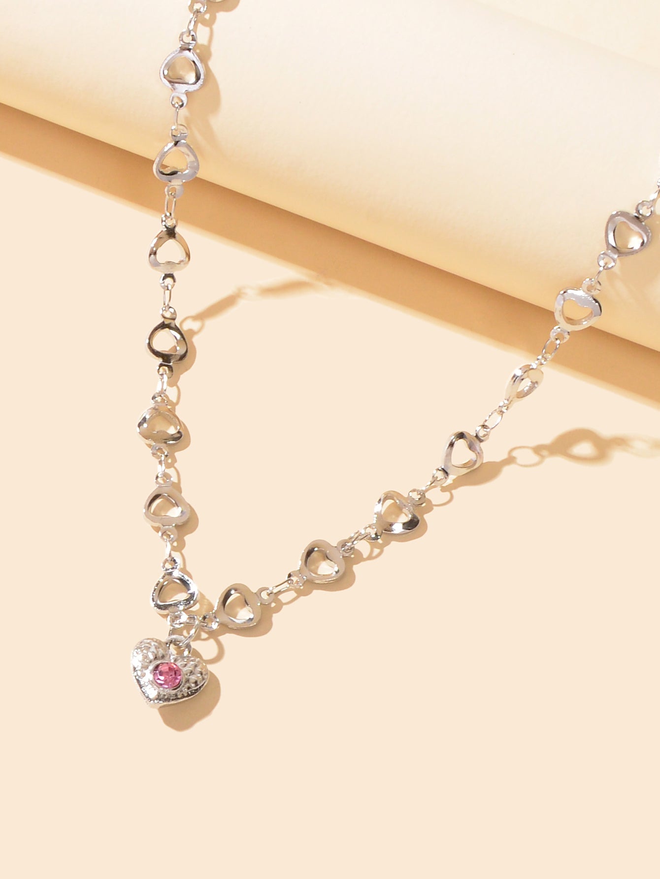 Birthday Anniversary Jewelry Titanium Steel Pink Rhinestone Heart Charm Necklace-2