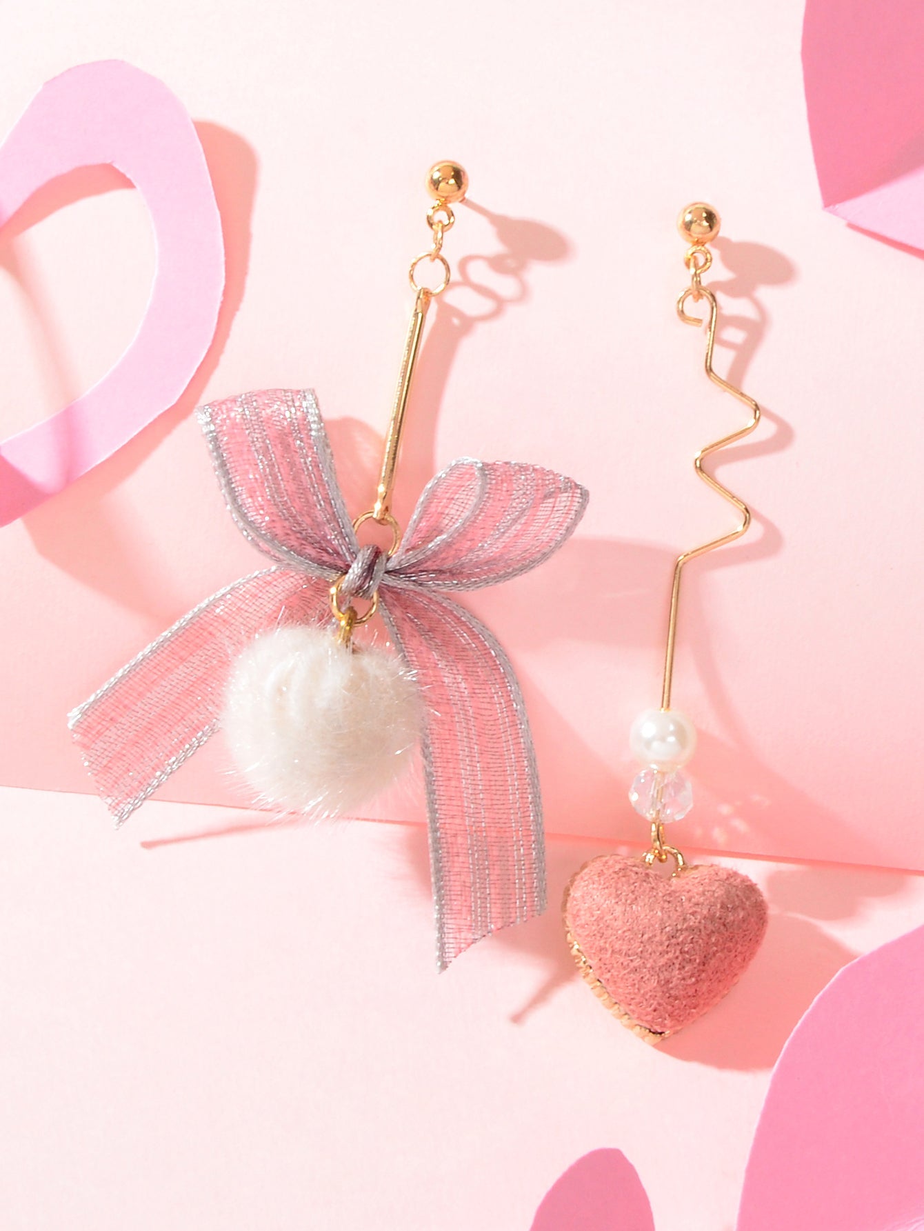 Valentine's Day Gift Bow Tie Pink Heart White Pom Pom Ball Asymmetrical Earrings-2