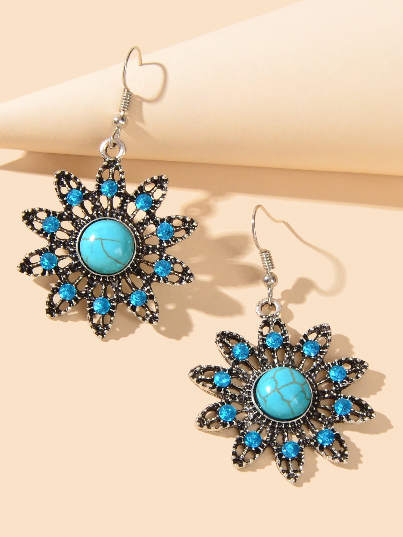 Vintage Jewelry Antique Silver Hollow out Blue Turquoise Flower Dangle Earrings-2