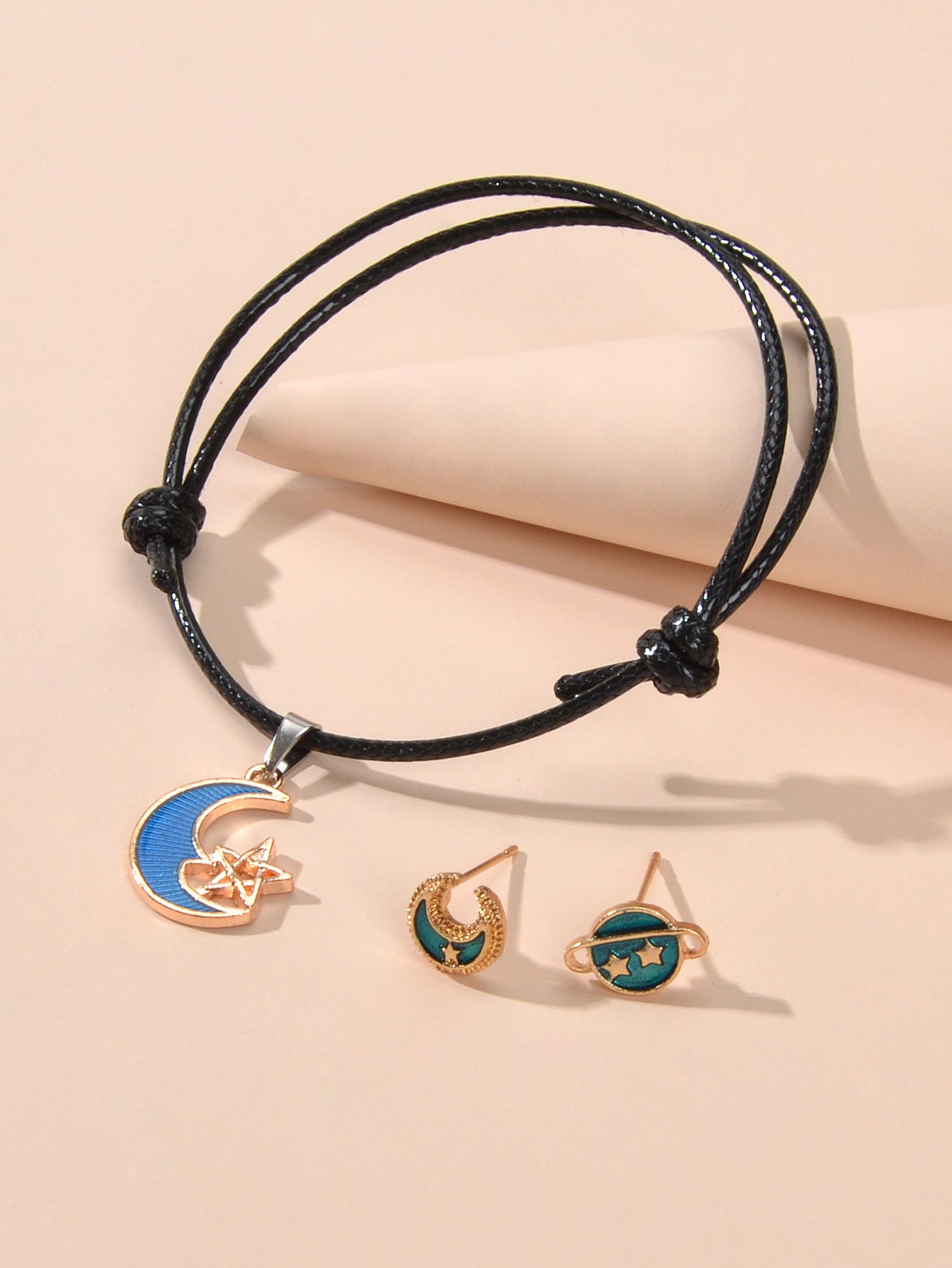 Jewellery set Black Pu Leather Star Moon Charm Adjustable Bracelet Stud Earrings-2