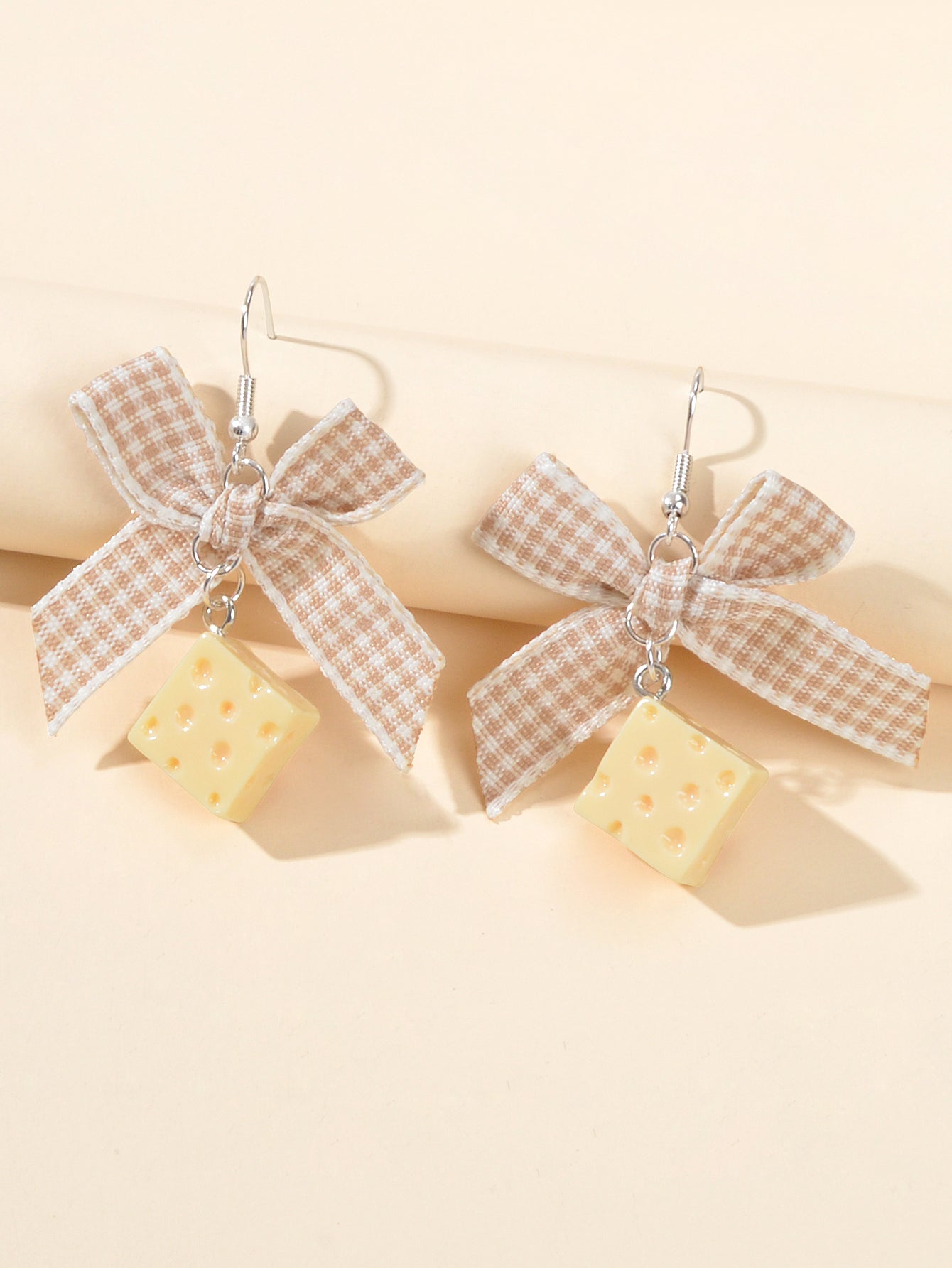 Sweet Beige Lattice Ribbon Bowknot Cheese Charm Dangling Elements Hook Earrings-2