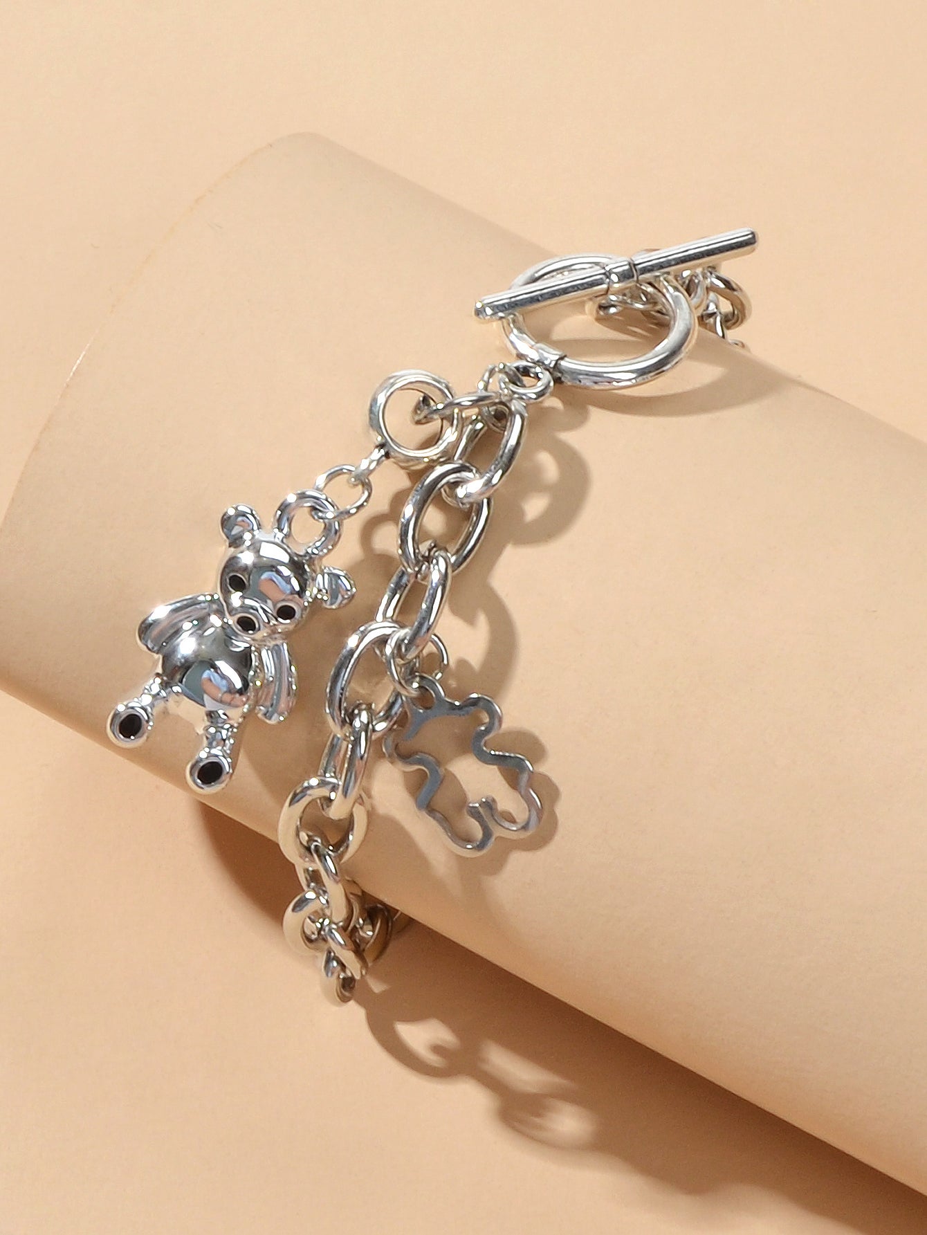 Designer Silver Bear Charm Dainty Cuban Chunky Link Paperclip Chain Bracelets-2