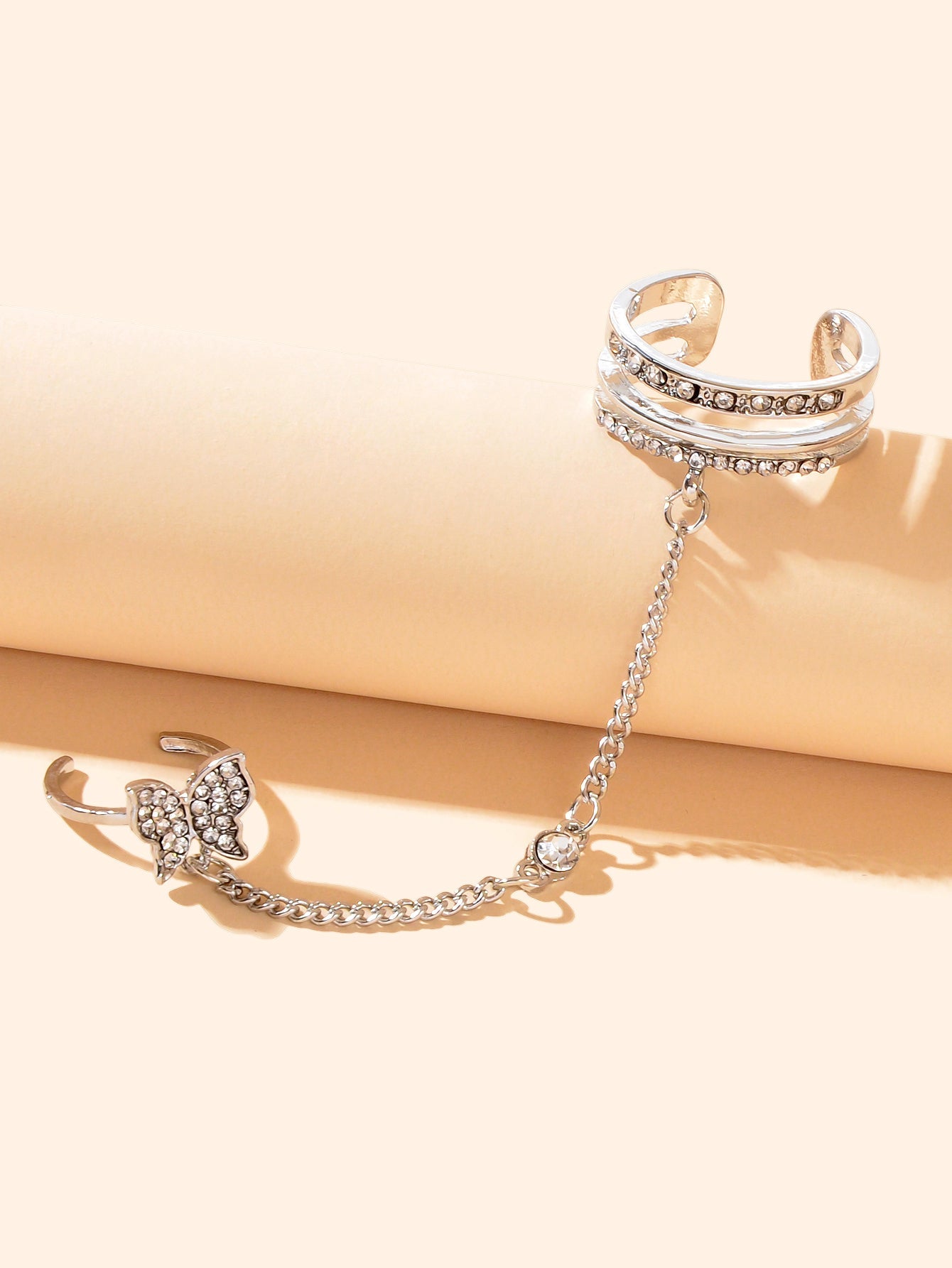 Personality Rhinestone Silver Butterfly Double Fingers Ring with Chain Ear Cuff-2