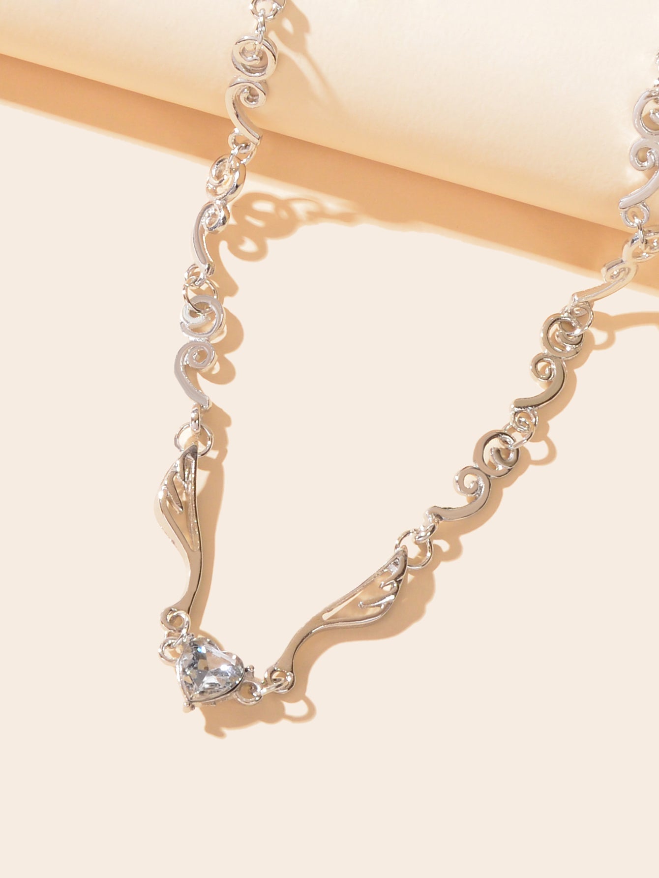 Heart Zircon Wing Design Silver Chain Clavicle Bridal Necklace for Wedding Prom-2