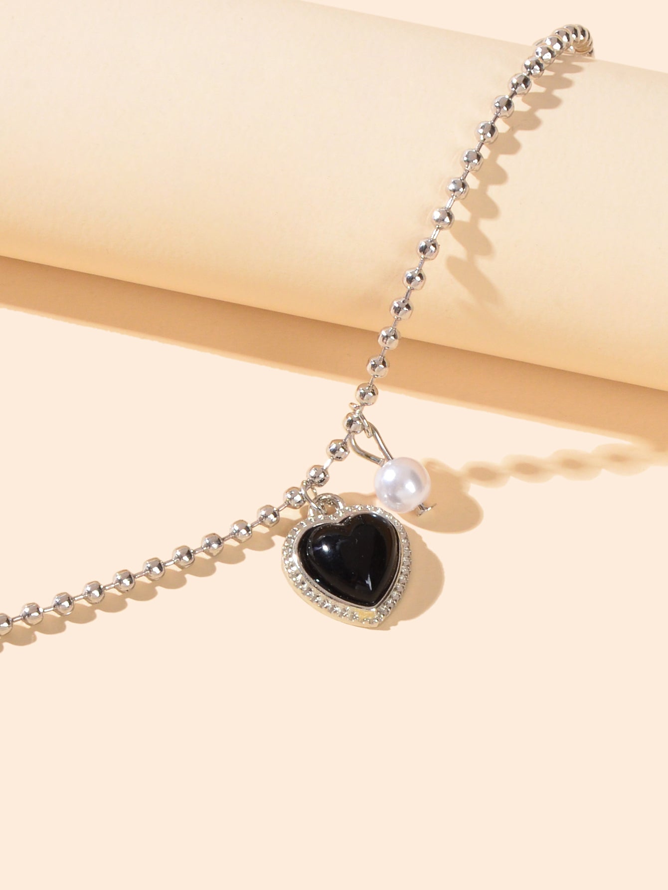 Girlfriend Gift Jewellery Silver Popcorn Chain Pearl Black Heart Charm Bracelets-2