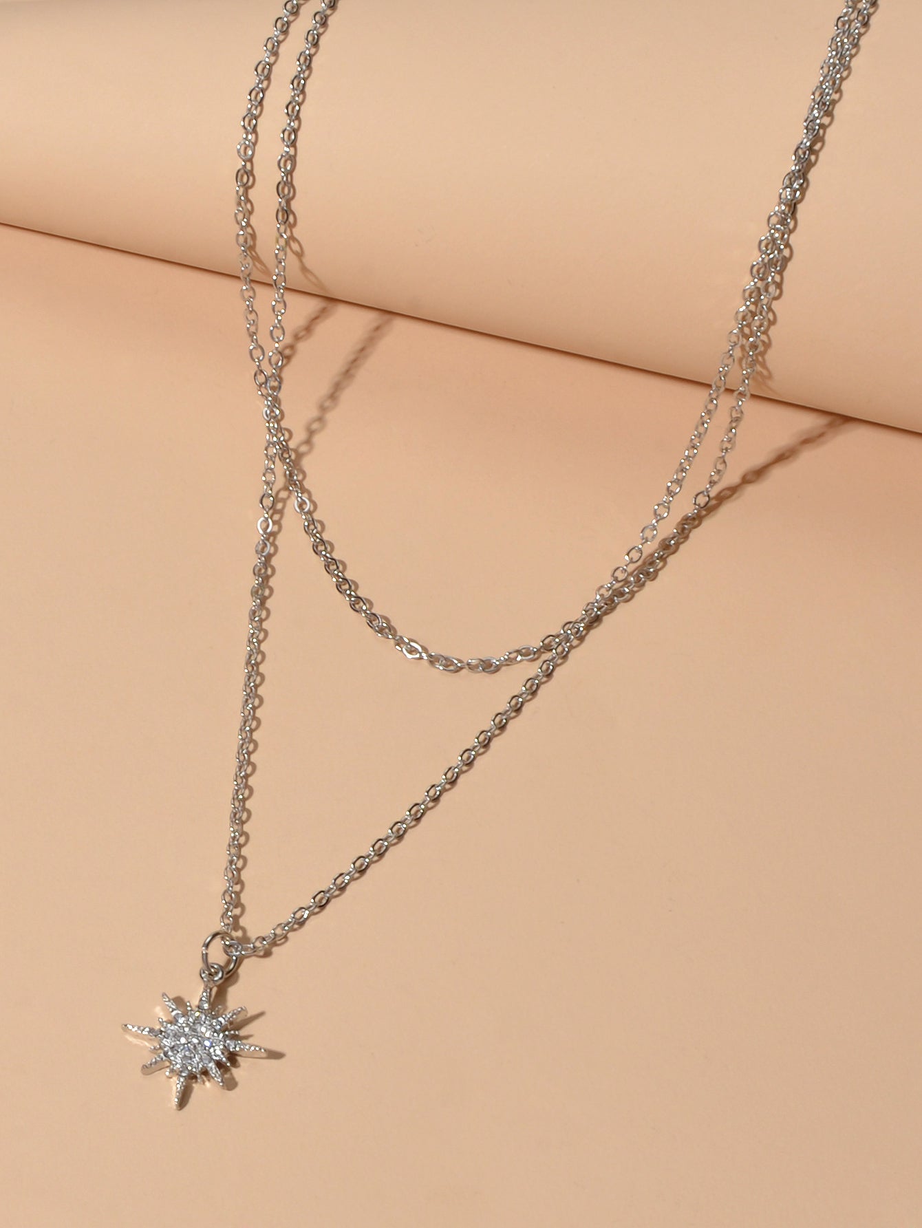 Trendy Jewellery Double layer Silver Chain Rhinestone Decor Star Charm Necklace-2