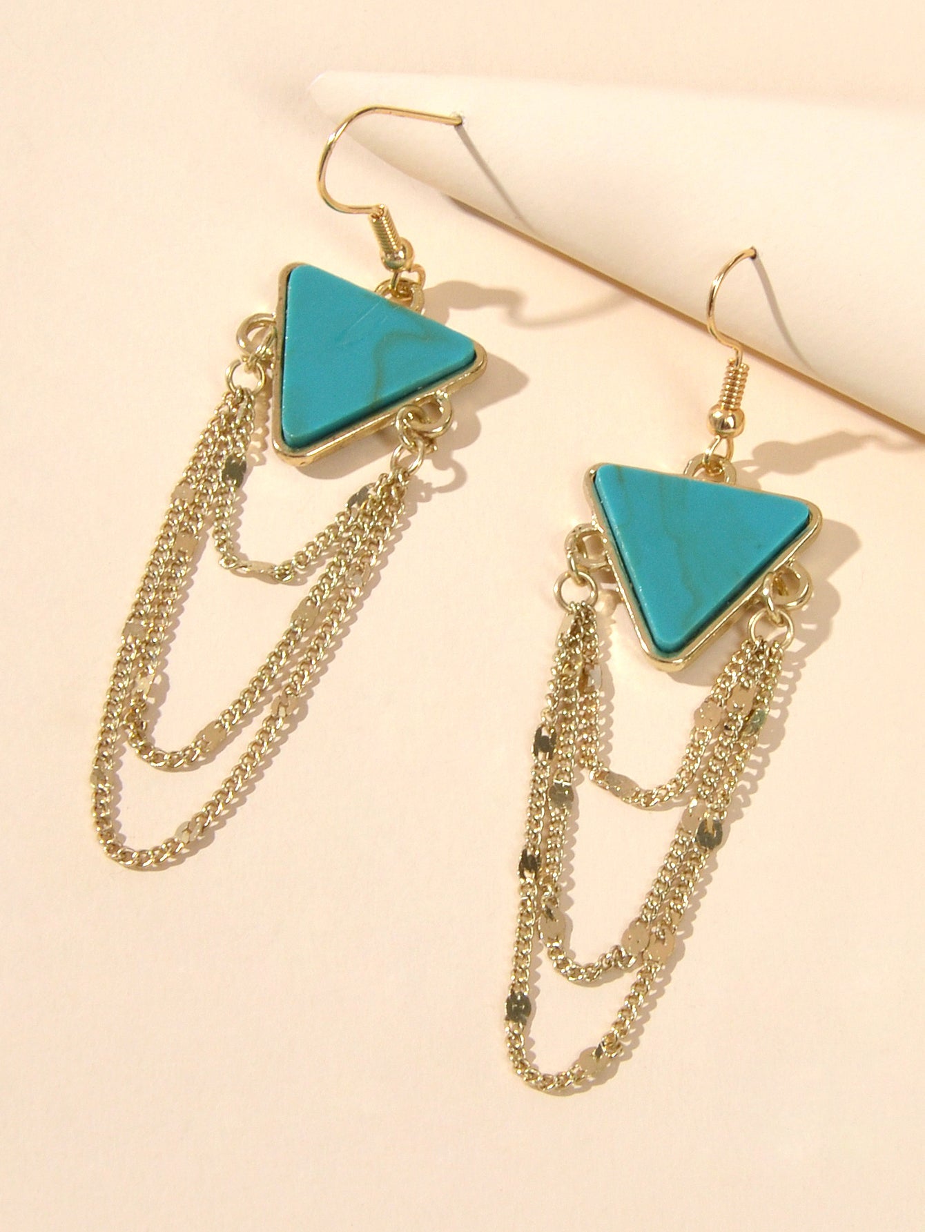 Boho Chic Jewellery Gold Chain Tassel Dangle Turquoise Triangle Ethnic Earrings-2