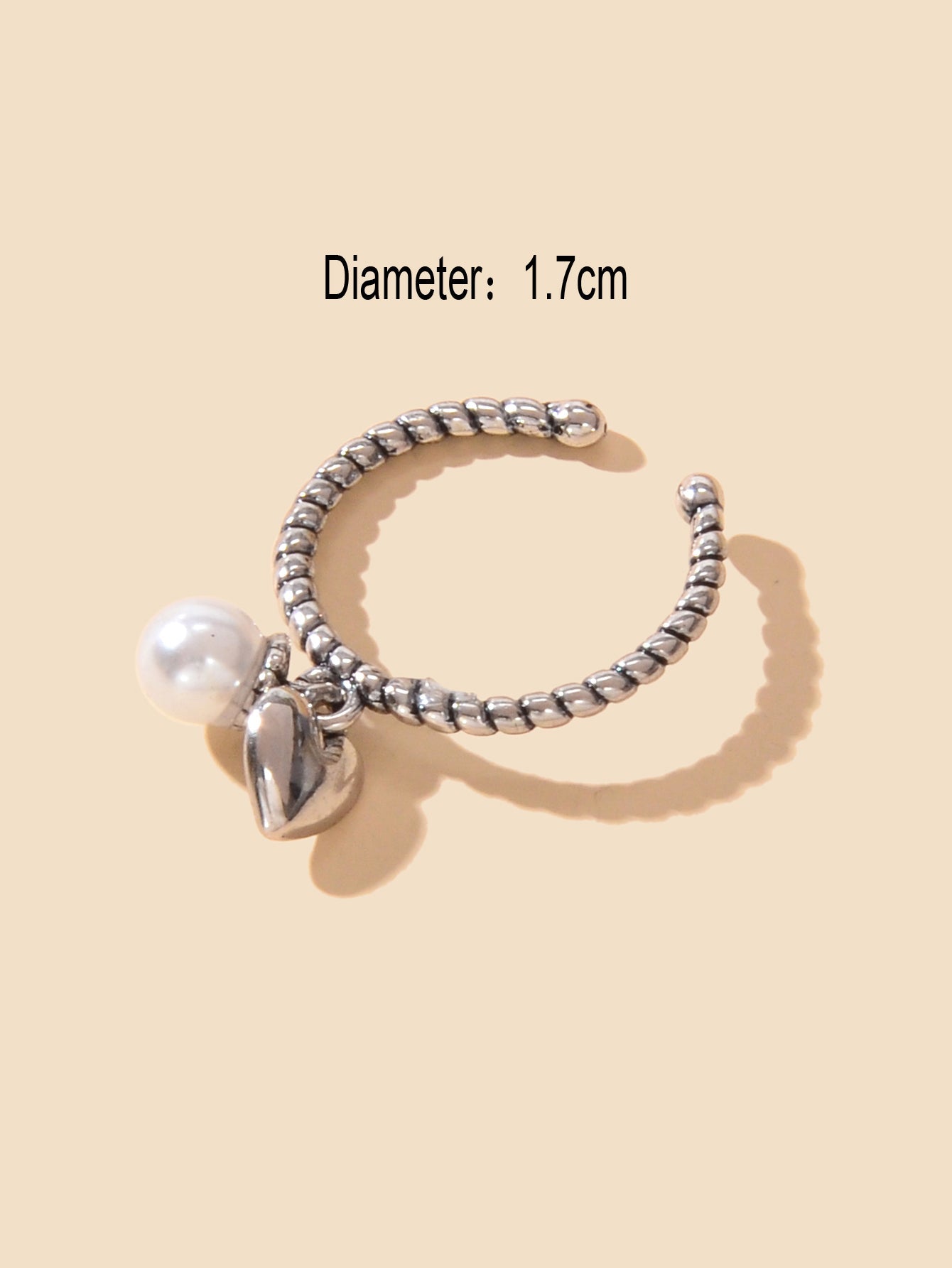 Vintage Silver Statement Antique Pearl Heart Charm Open Cuff Ring Women's Band-2