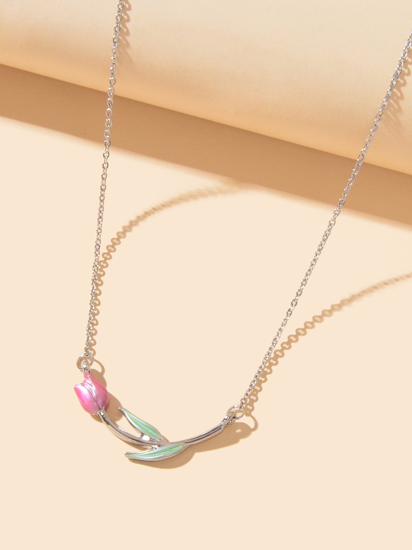 Elegant Silver Chain Green Leaf Pink Tulip Flower Pendant Anniversary Necklace-2