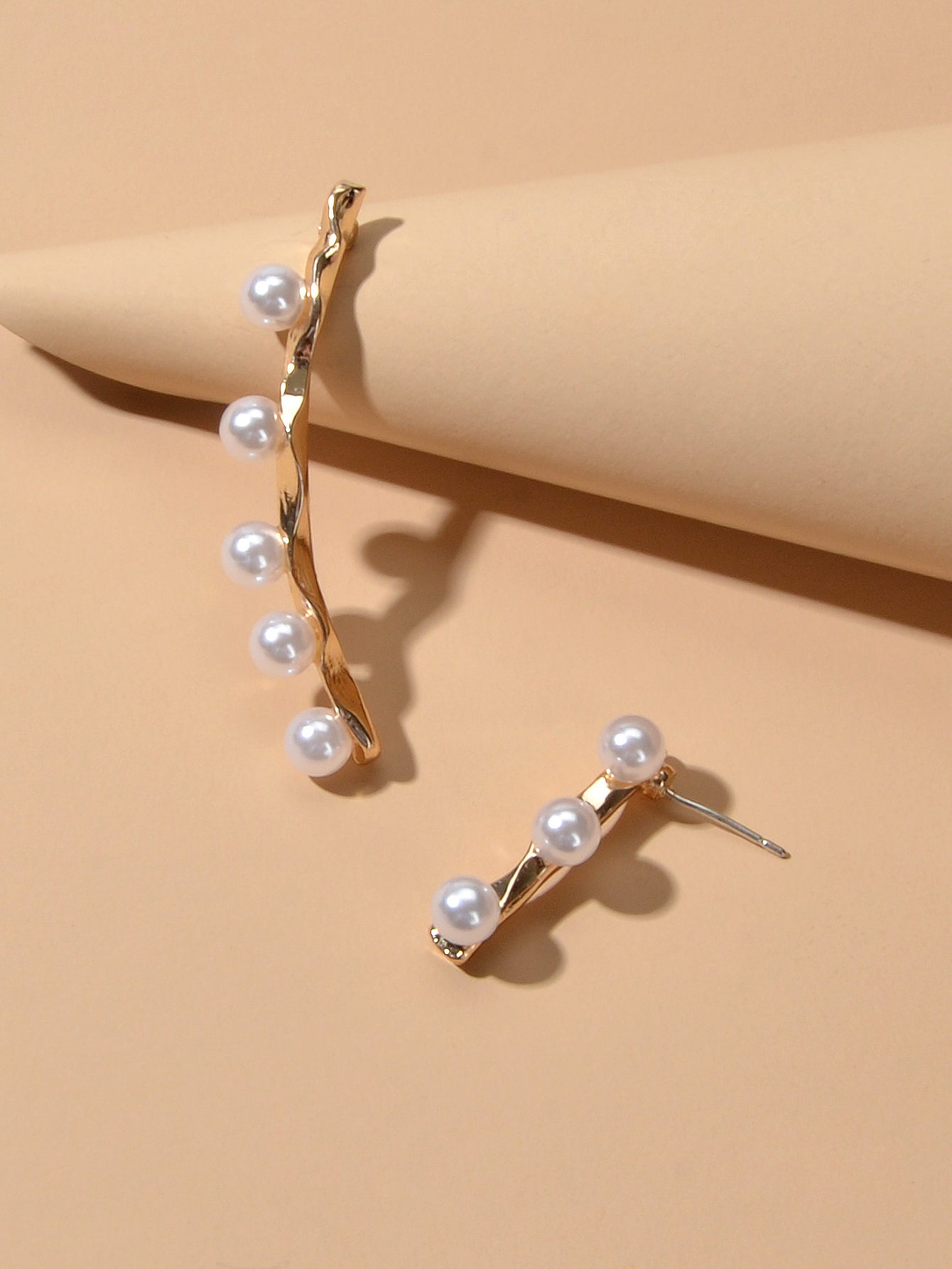 Anniversary Jewellery Pearl Decor Gold Strip Asymmetric Pierced Stud Earrings-2