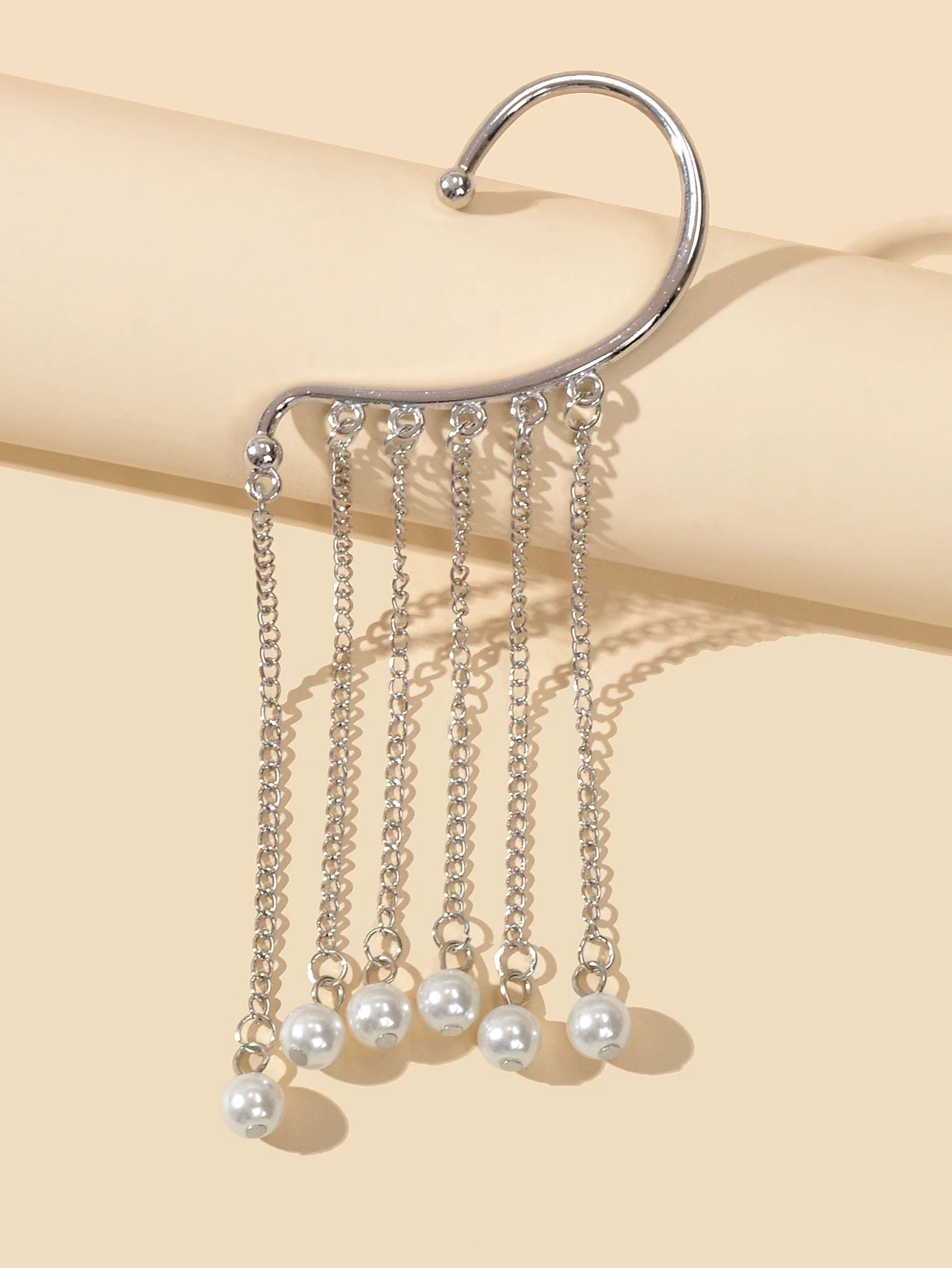 1 pc Fashion Pearl Silver Long Chain Tassel Big Ear Cuff Statement Earrings-2