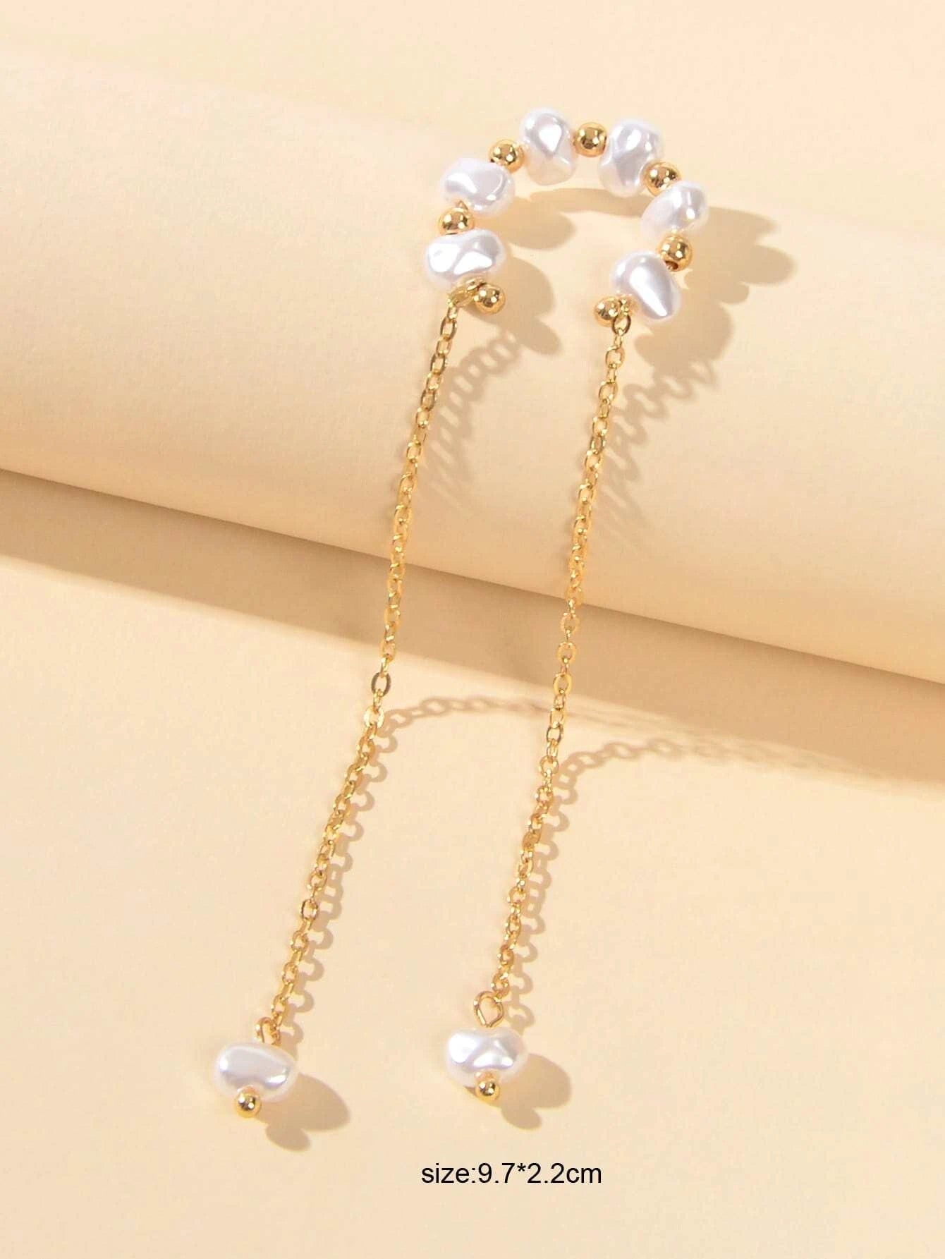 1 pc Fashion Pearl Long Gold Chain Ear Cuff Cartilage Dangle Earrings Accessory-2