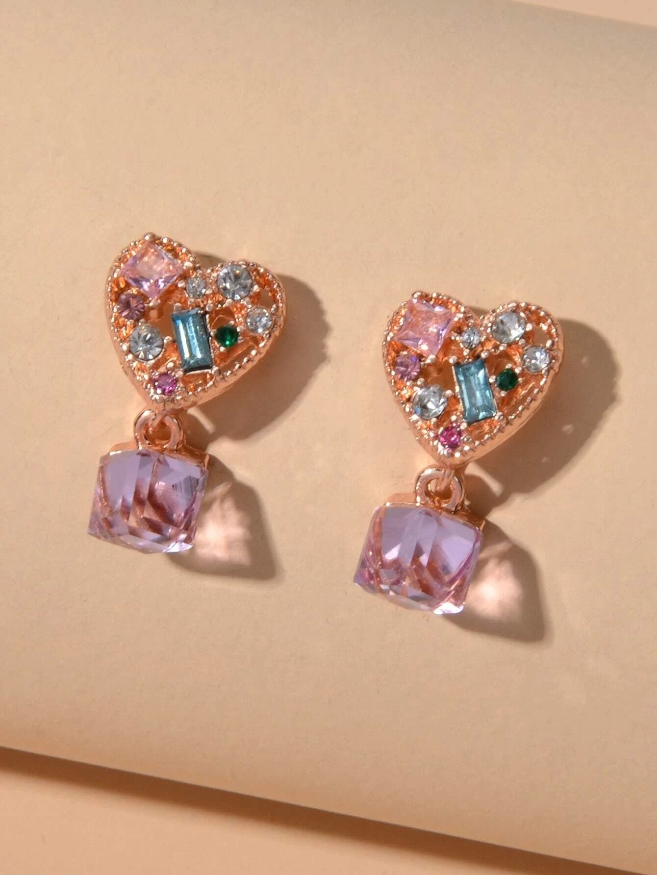 Sweet Textured Shining Crystal Decor Pink Heart Drop Earrings Women Girls Gifts-2