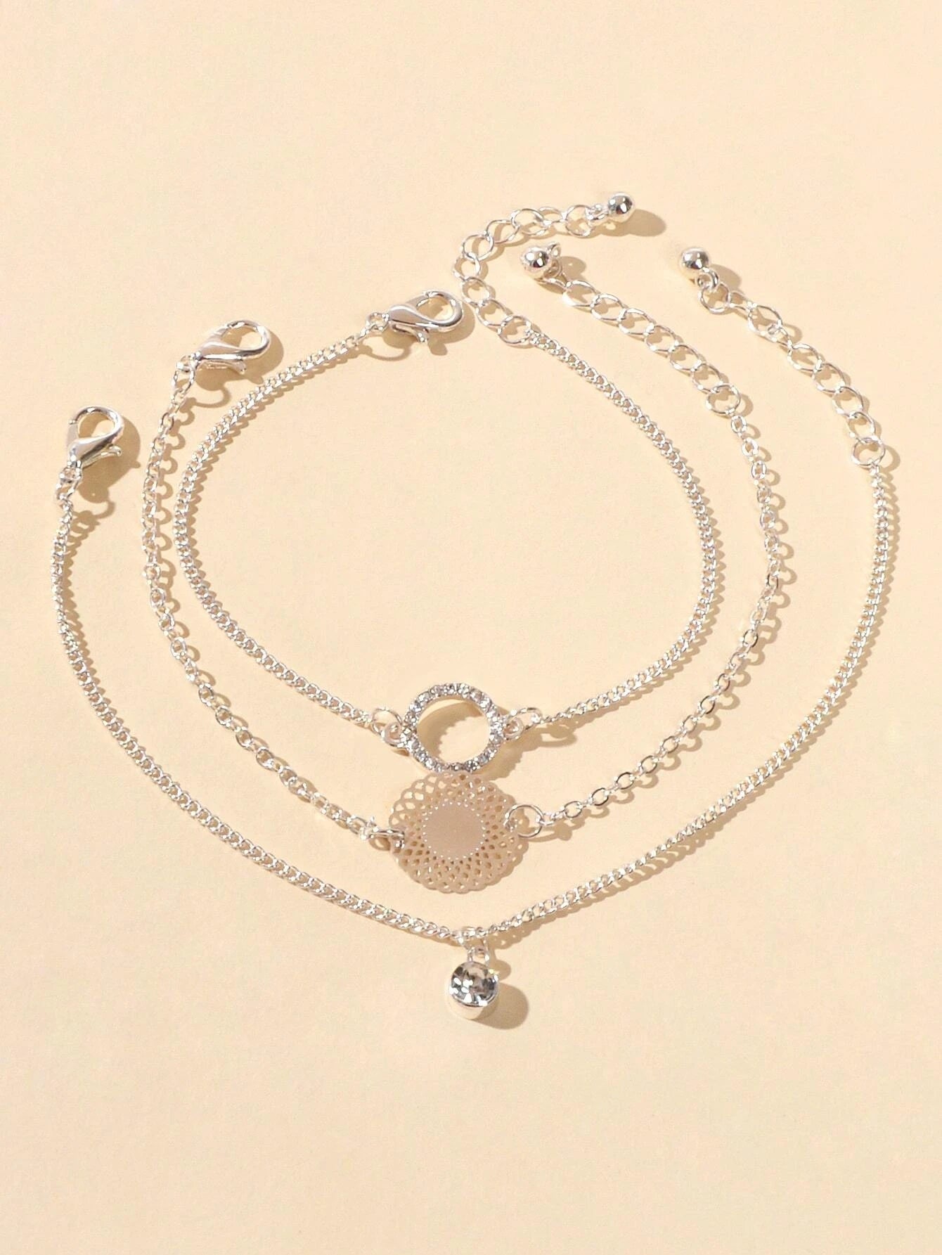 3 pcs/set Fashion Jewellery Silver Chain Rhinestone Circle Charm Bracelet Gift-2