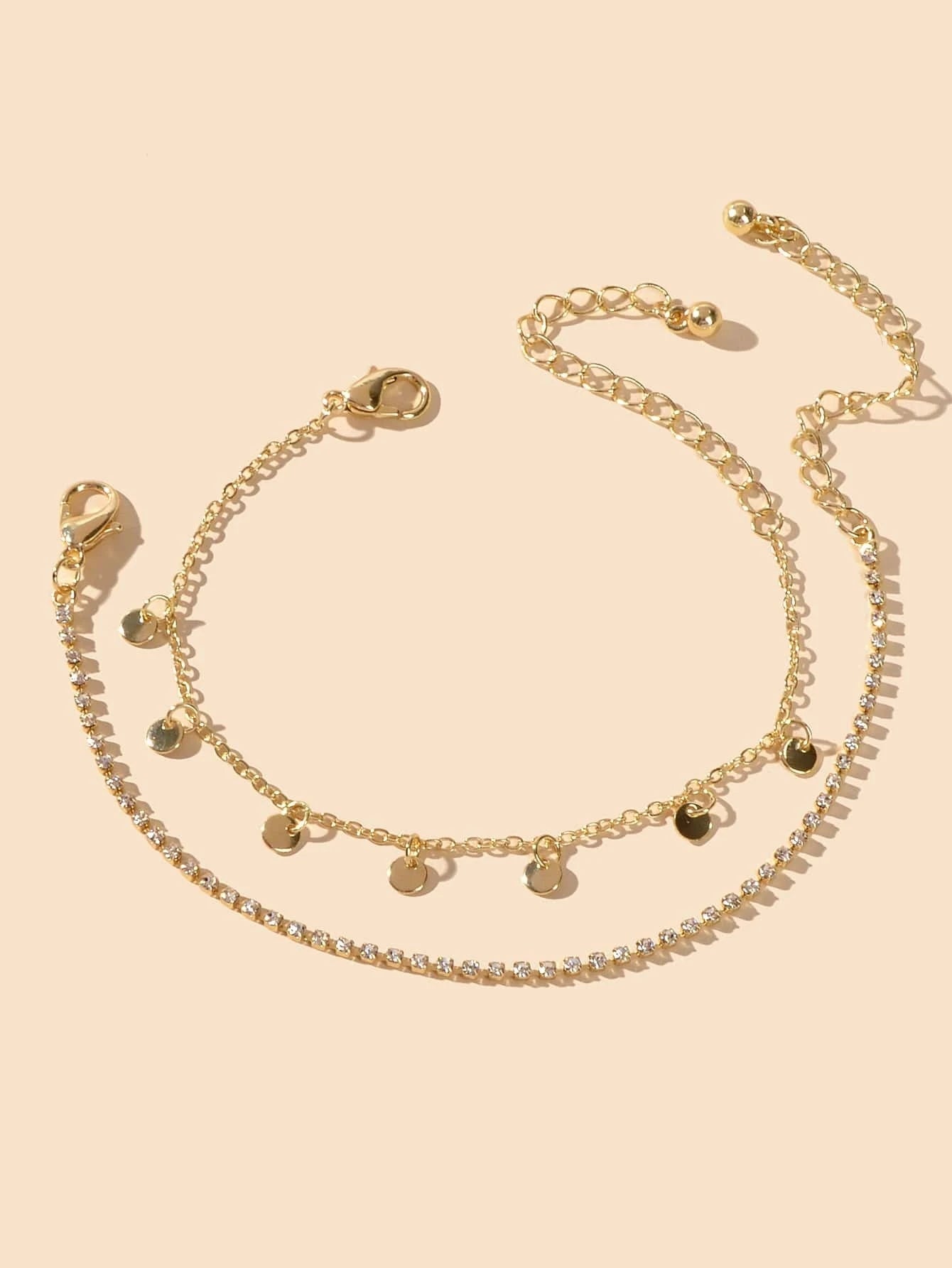 2pcs Women Rhinestone Gold Silver Chain Disc Charm Bracelet Fashion Accessories-2
