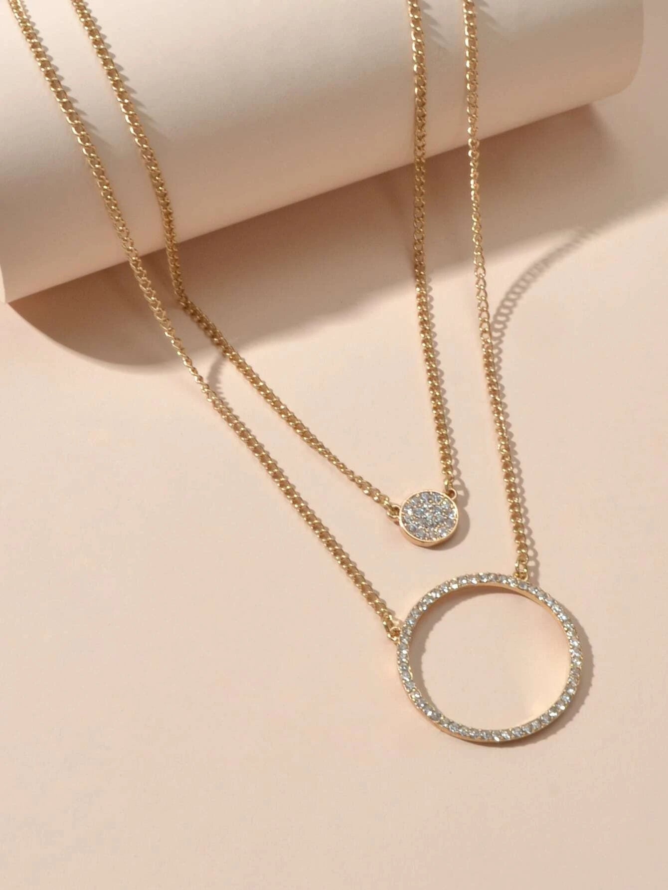 2 pcs Gold Silver Chain Rhinestone Round Circle Pendant Necklace Jewellery Gift-2