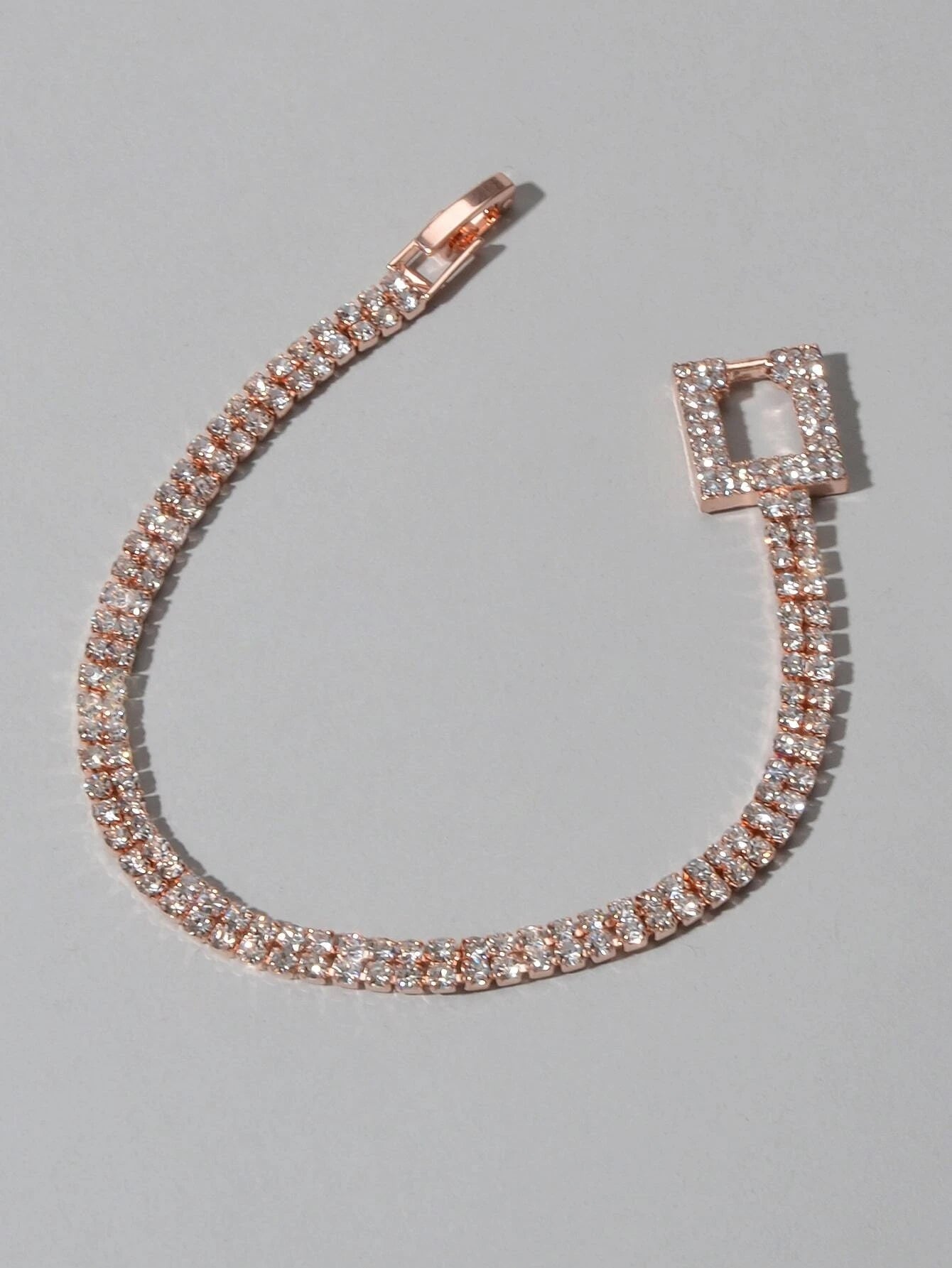 Textured Jewelry Full Rhinestone Rosegold Geometric Chain Women Tennis Bracelet-2