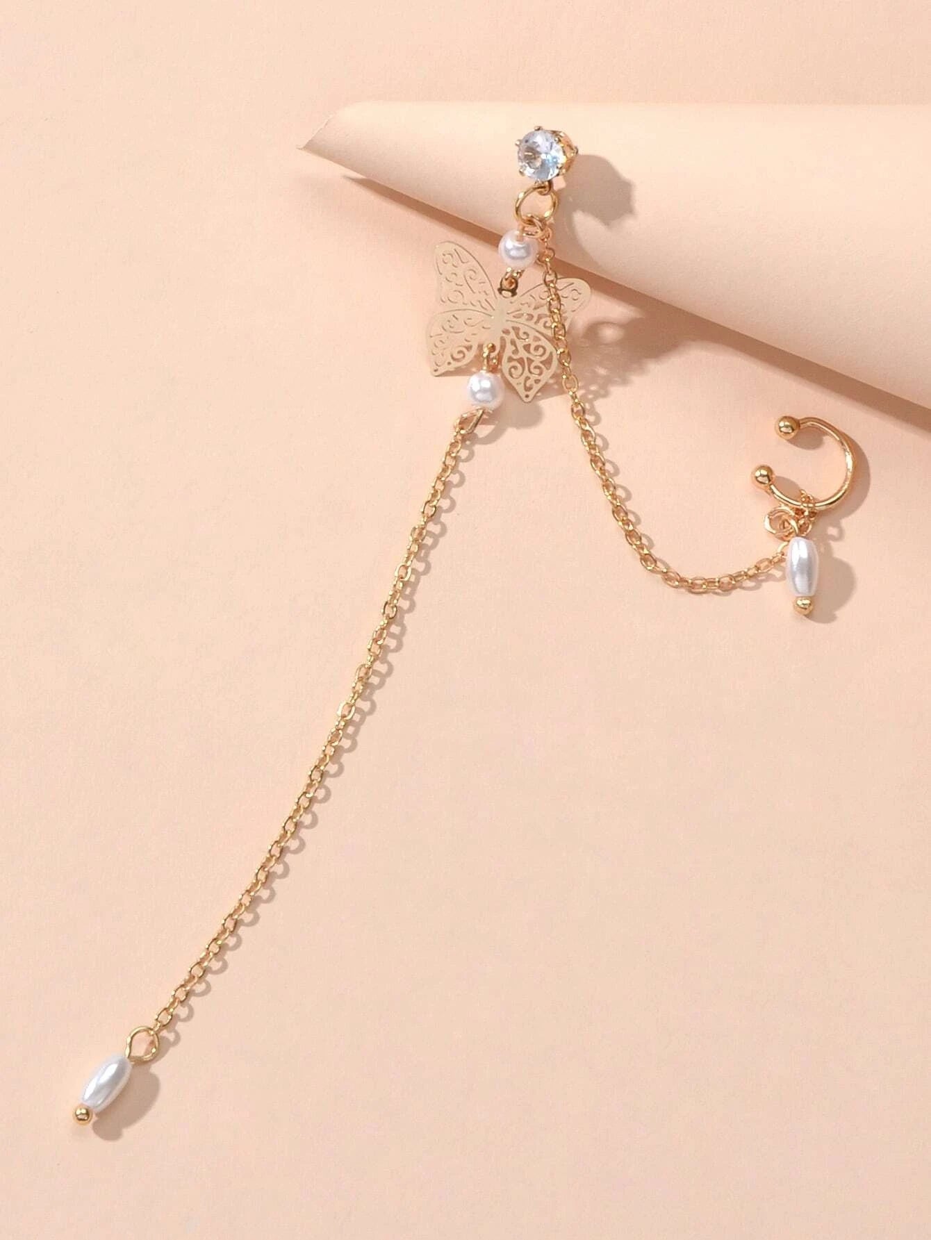 1pc Crystal Pearl Butterfly Long Chain Cartilage Stud Earring Stunning Ear Cuff-2