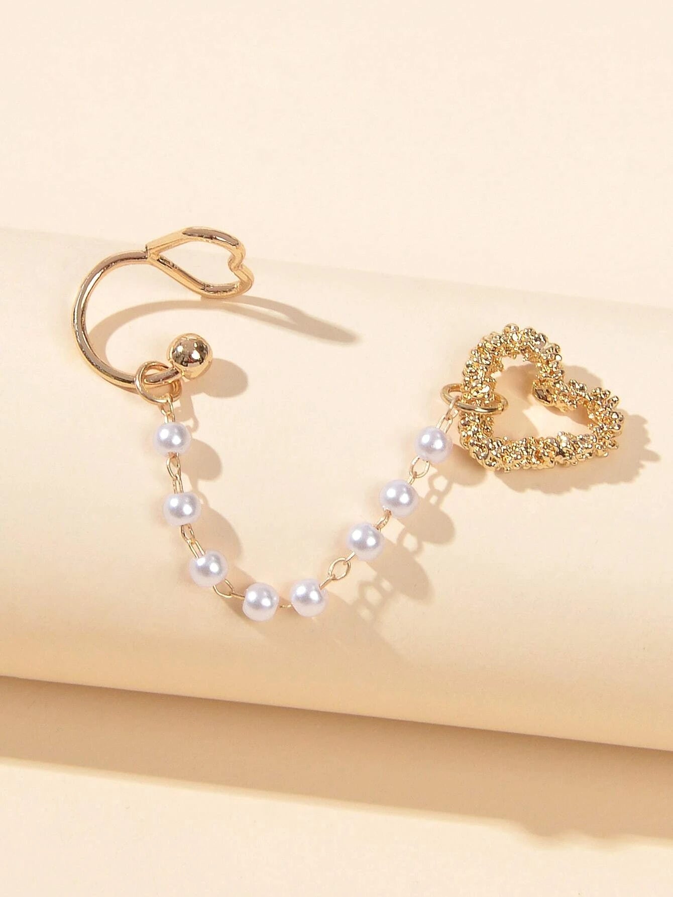 1pc Designer Jewelry Ear Cuff Pearl Gold Chain Heart Love Stud Cartilage Earring-2