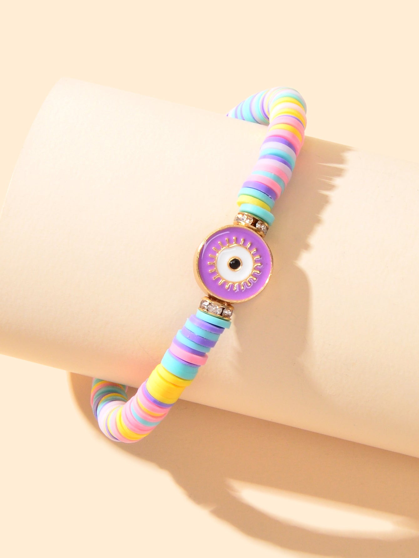 Heishi Surfer Handmade Evil Eye Rainbow Vinyl Disc Beaded Stretchy Bracelet Gift-3