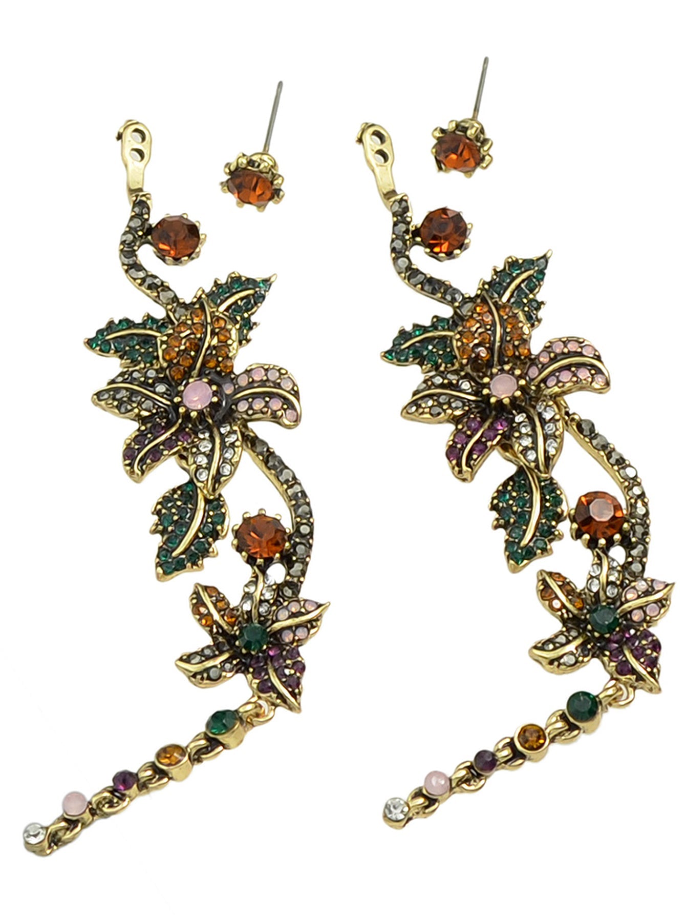 Vintage Luxurious Colourful Rhinestone Antique Gold Flower Long Pendant Earrings-3