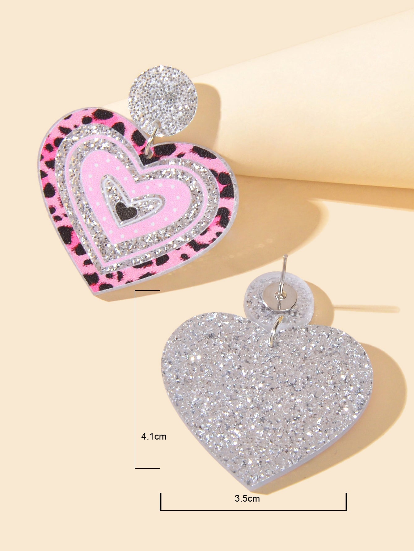 Acrylic Pink Leopard Heart Hanging Resin Chunky Earrings for Party or Vacation-3
