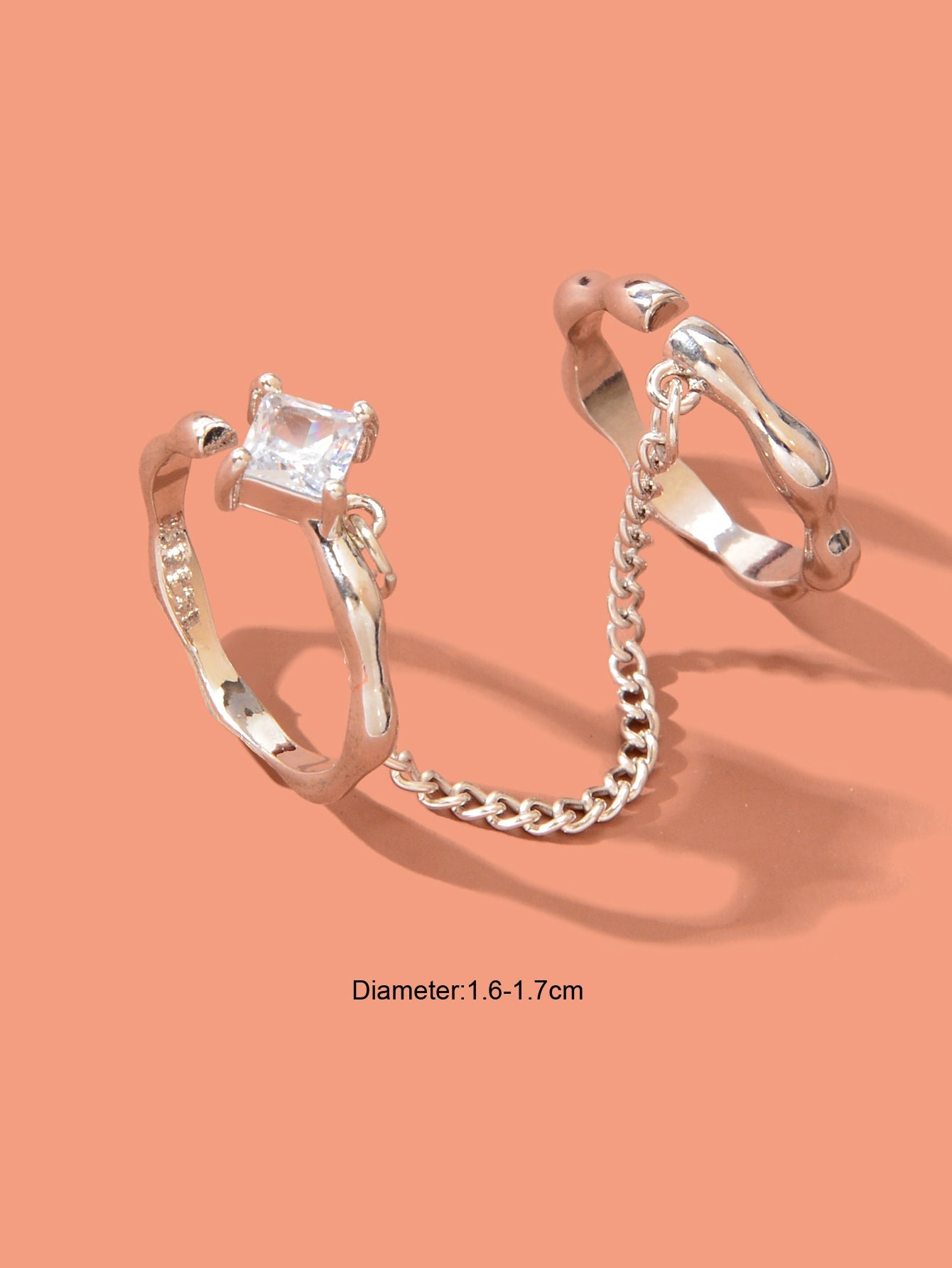 Unique Zirconia Decor Silver Double Fingers Ring with Chain Elegant Accessories-3