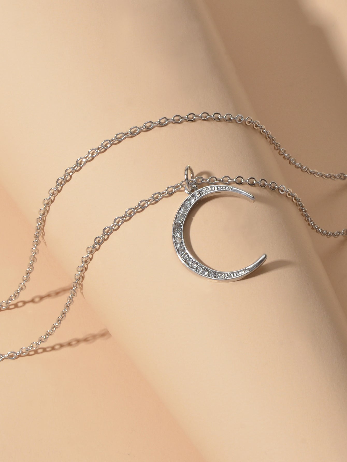 Women Accessories Double layer Chain with Rhinestone Moon Charm Trendy Necklace-3