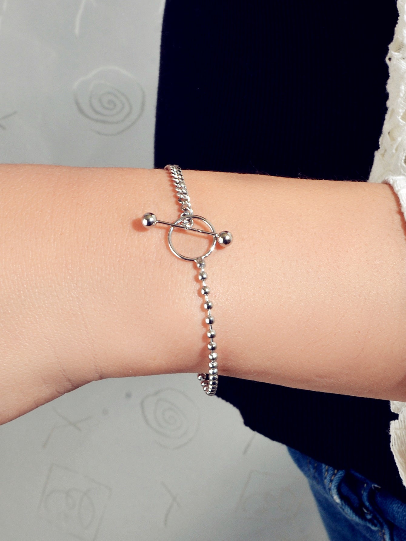 Minimalist Punk Popcorn Chain Multiple Silver Chain Lock Circle Bracelets Women-3