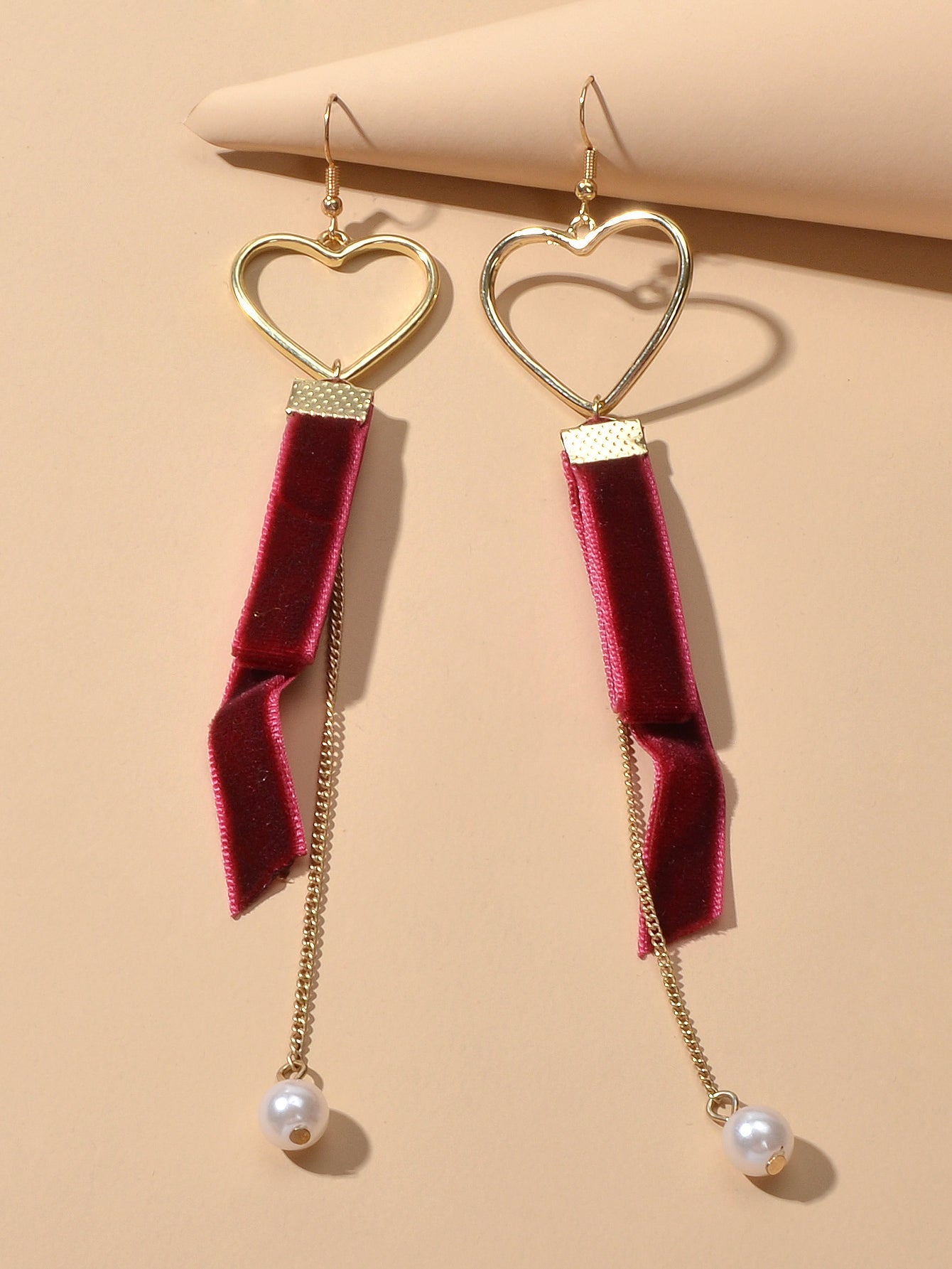 Gold Heart Velvet Decor Pearl Charm Long Chain Pendant Earrings Retro Jewellery-3