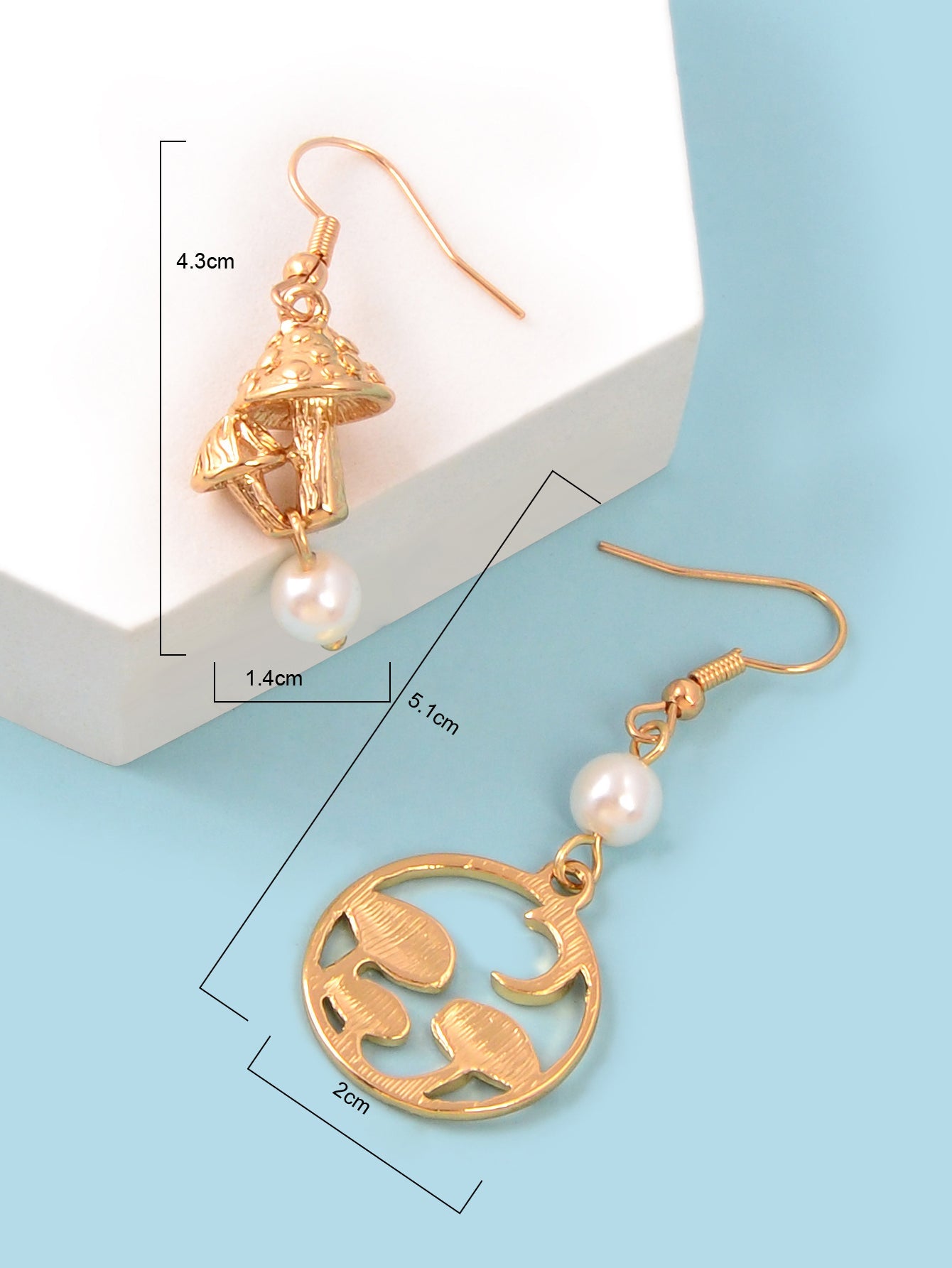 Asymmetrical Design Magical Gold Mushroom Moon Pearl Charm Dangle Earrings Gift-3