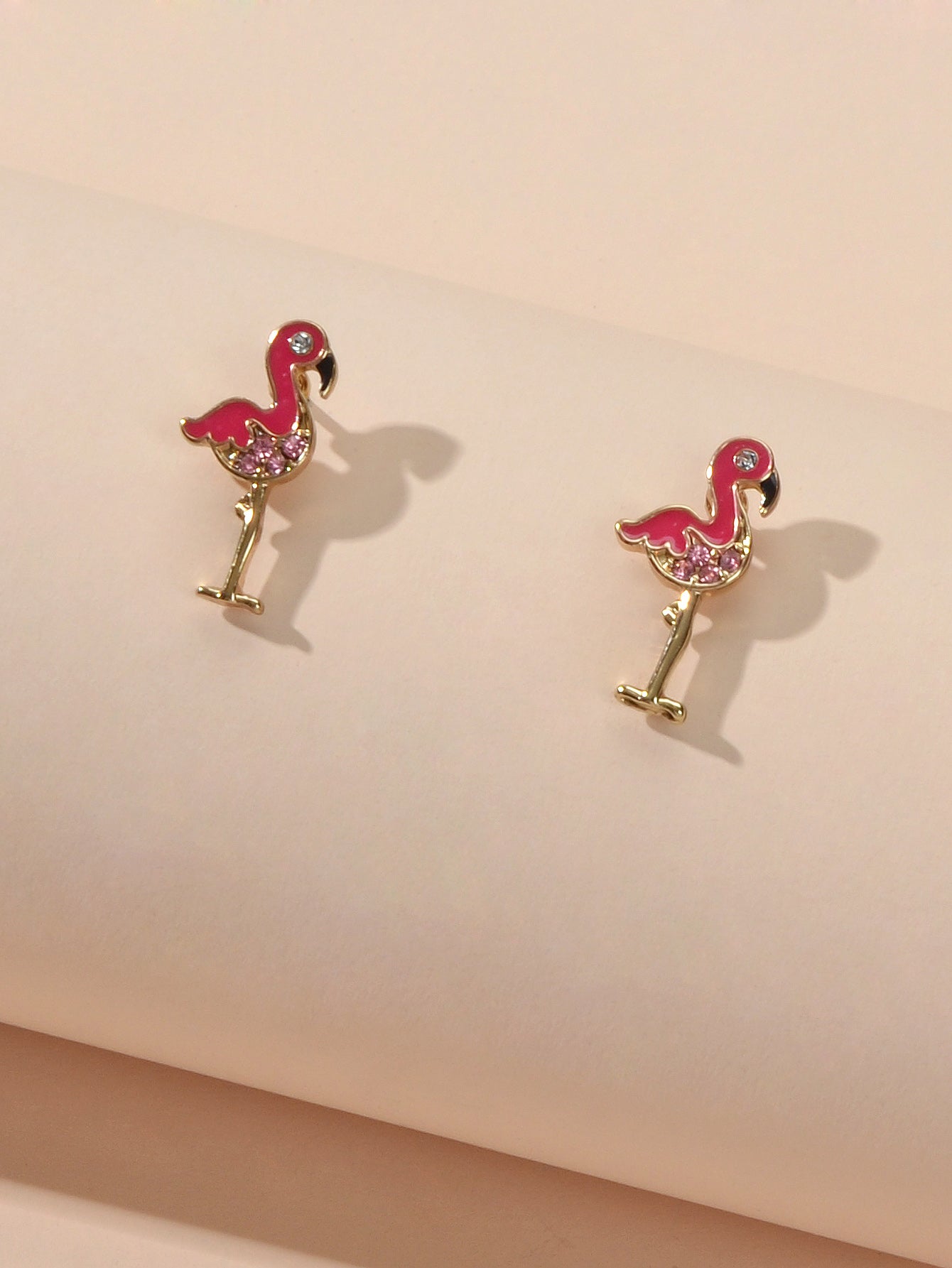 Pink Rhinestone Enamel Flamingo Bird Stud Earrings Sensitive Ears Dainty Gift-3