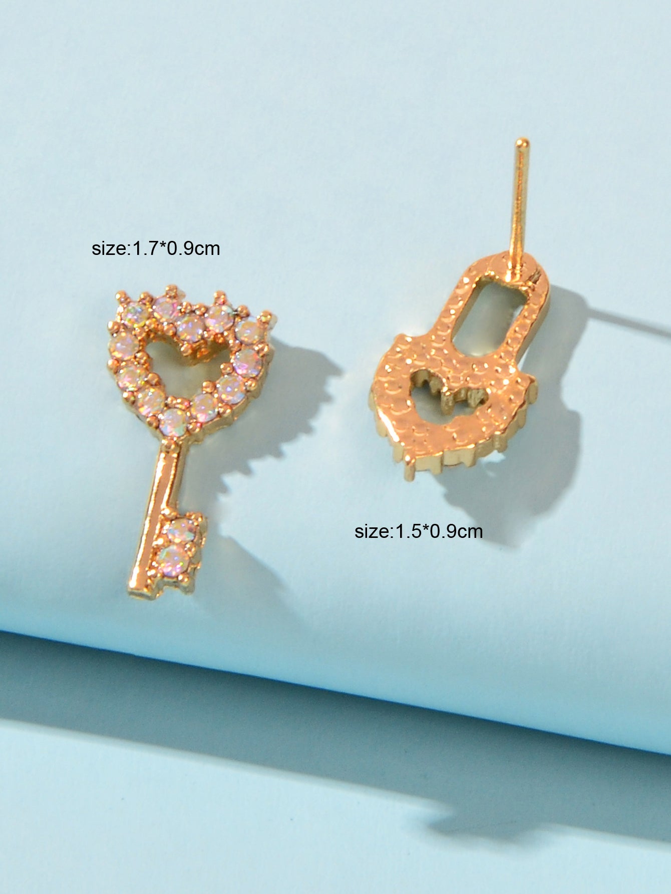Asymmetrical Design Gold Plated Heart Key Lock Stud Earrings Women Dainty Gifts-3