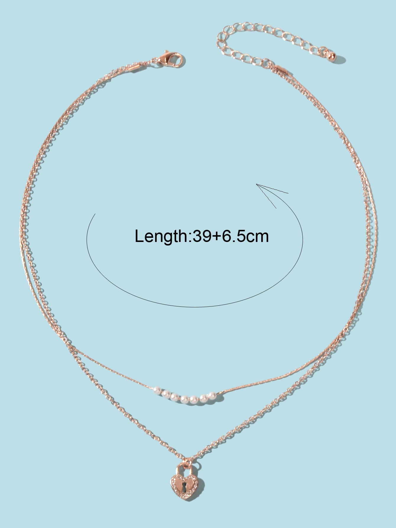 Double Layer Rose Gold Chain String Pearl Heart Lock Pendant Necklace Girlfriend-3