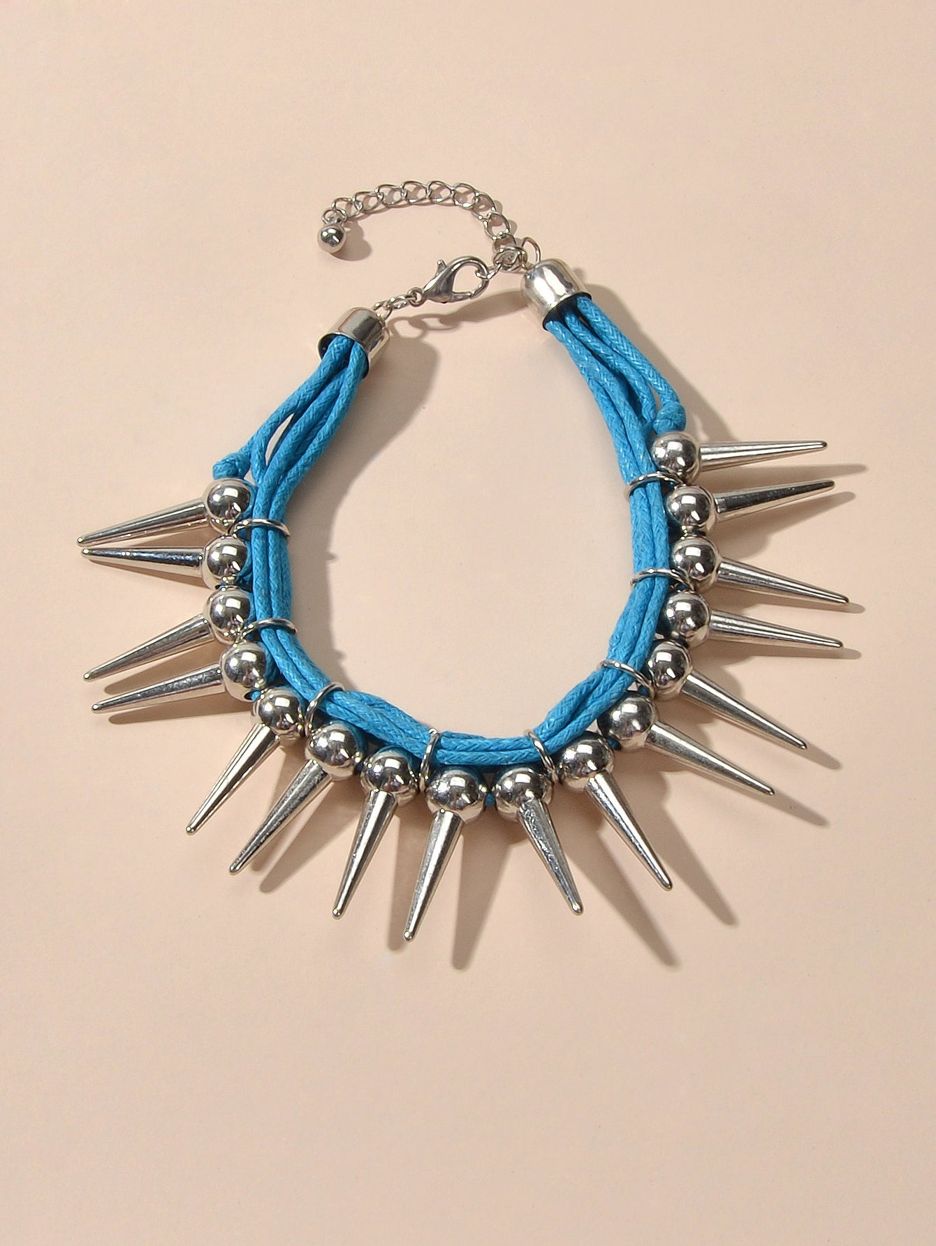 Grunge Punk Rock Jewelry Blue Pu Leather Multi-layer Chain Silver Spike Bracelet-3