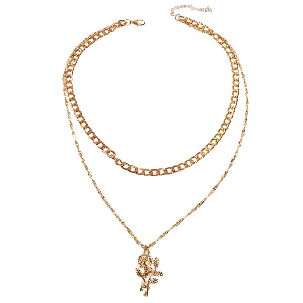 Female Jewelry Double layer Gold Chain Flower Pendant Necklace Women Accessories-3