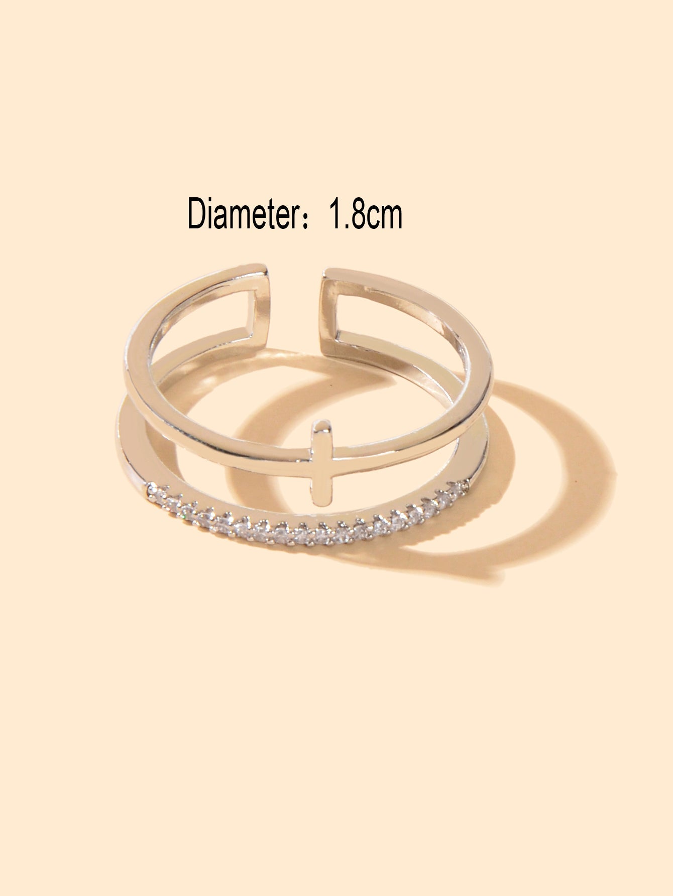 Designer Stylish Rhinestone Decor Silver Hollow out Cross Open Cuff Finger Ring-3