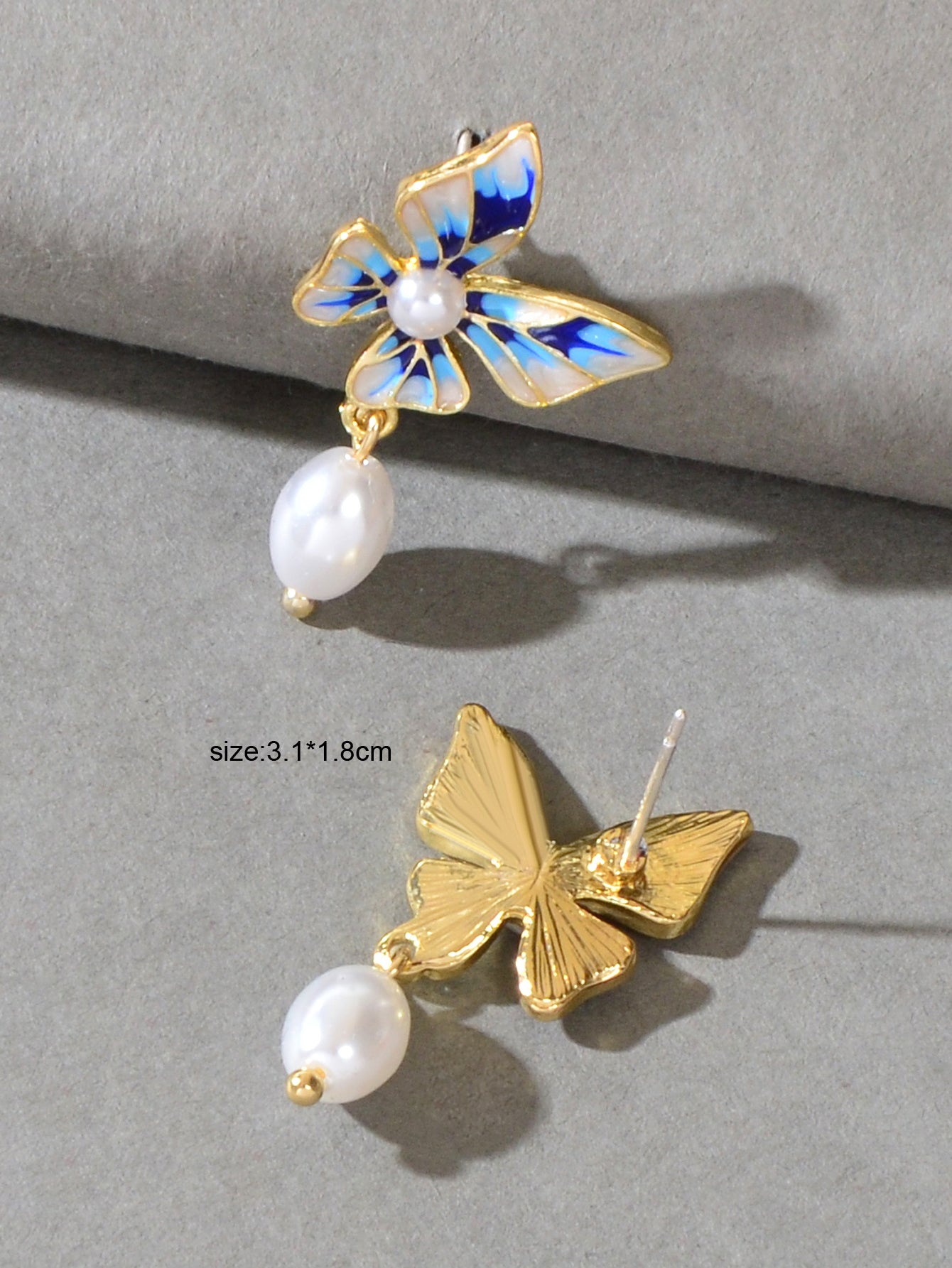 Trendy Dangle Pearl Blue White Enamel Butterfly Hypoallergenic Pierced Earrings-3