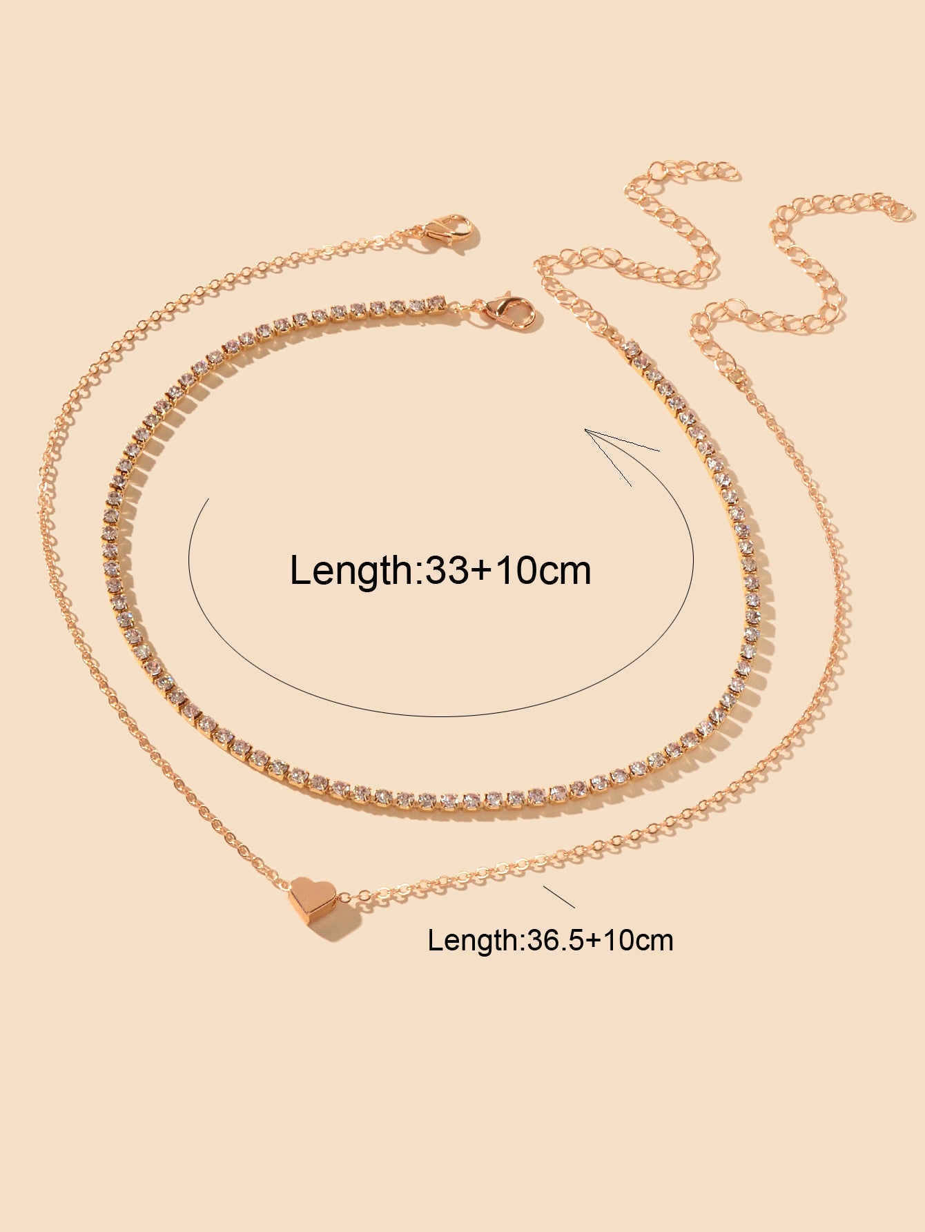 2 pcs Full Rhinestone Short Choker Heart Pendant Trendy Layered Dainty Necklace-3