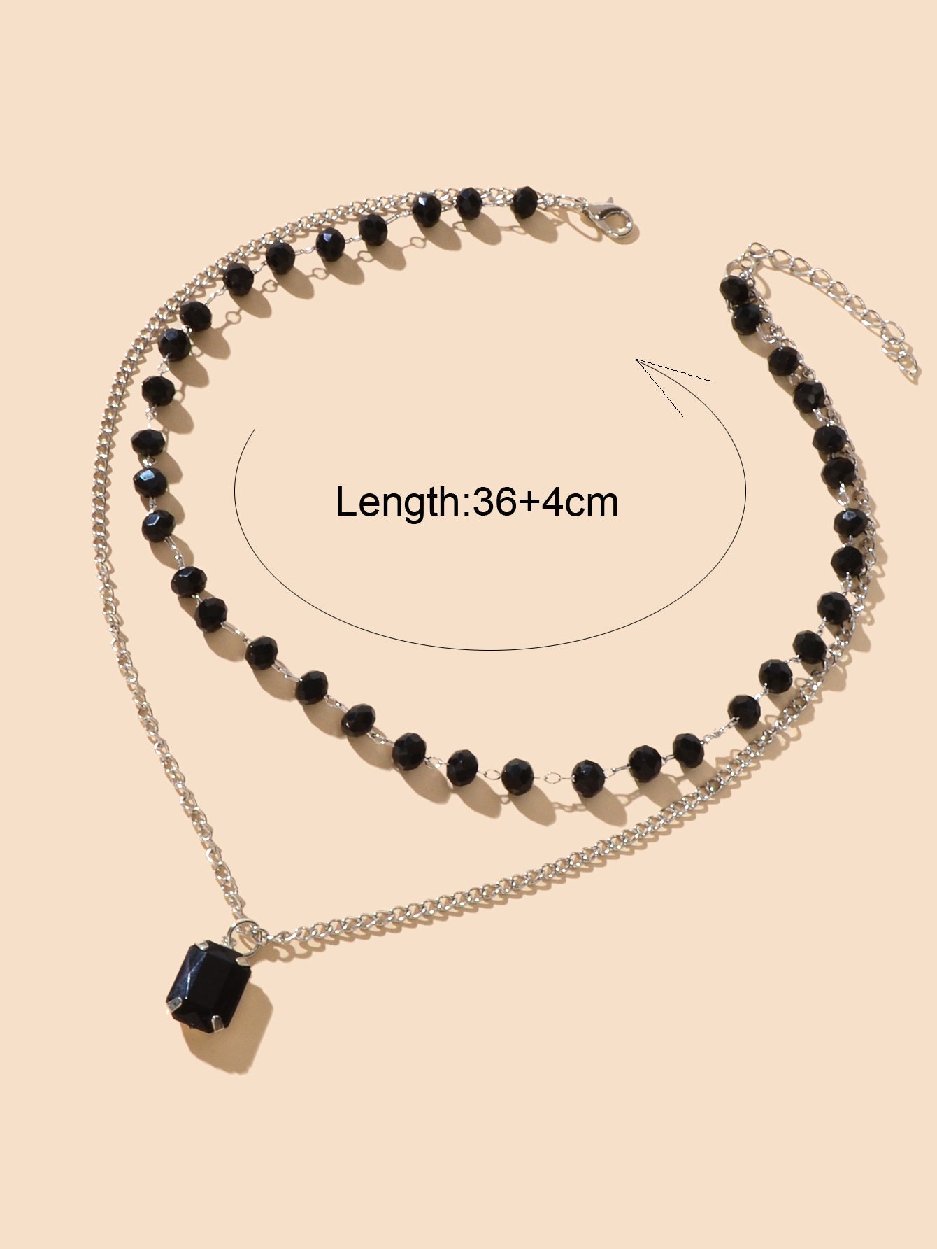Silver Link Chain Black Beads Layering Personalized Square Charm Necklace Gift-3